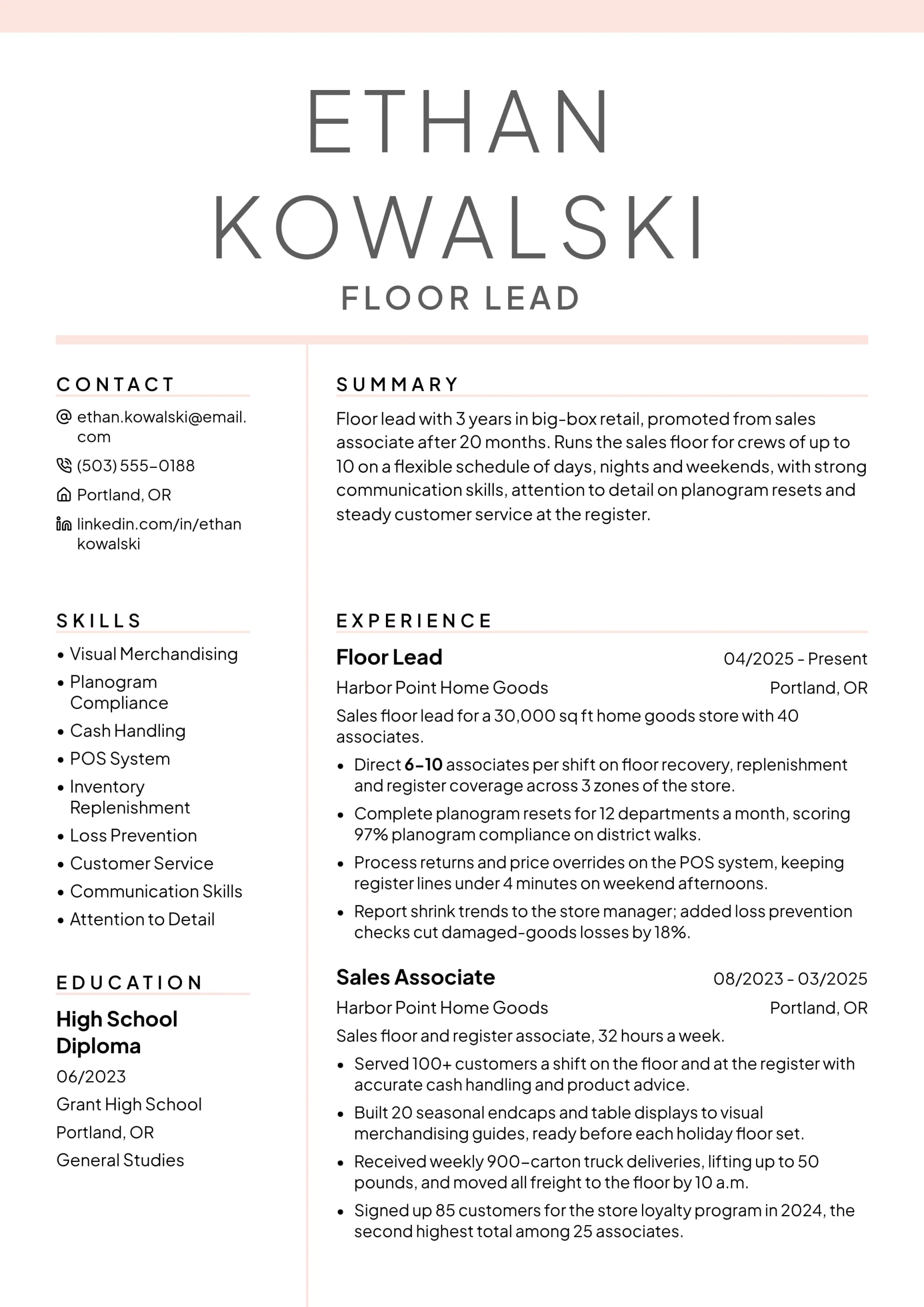 Floor Lead resume example