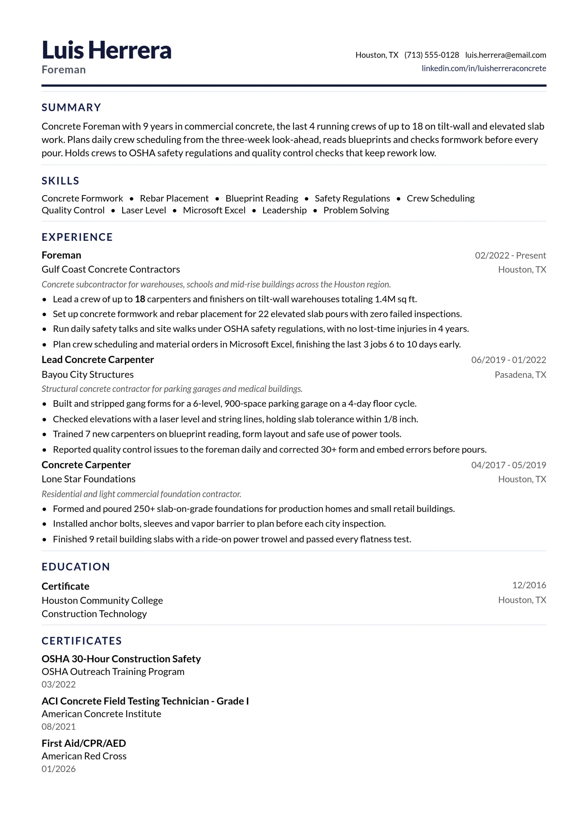 Foreman resume example