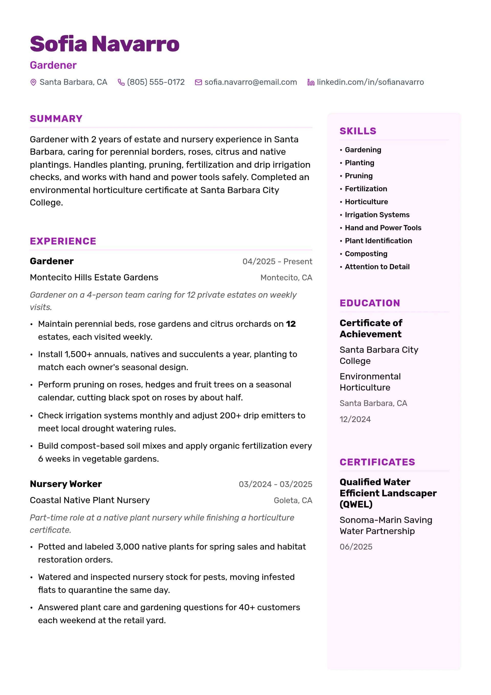 Gardener resume example