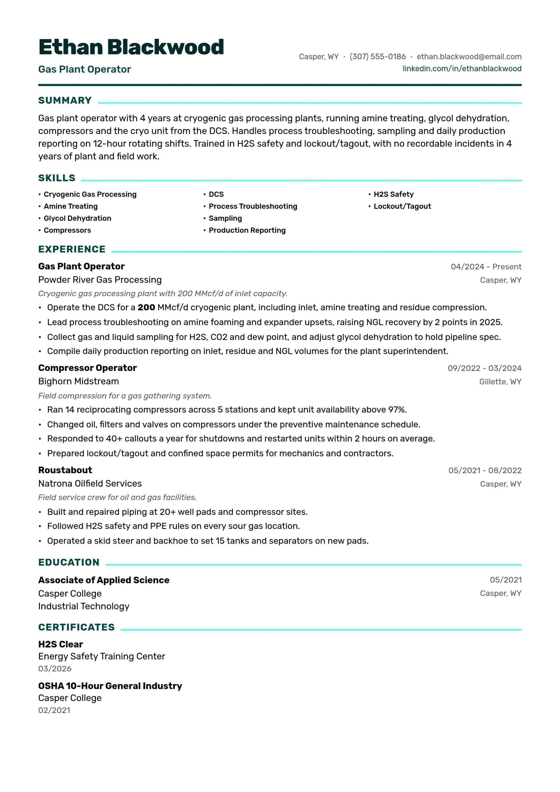 Gas Plant Operator resume example