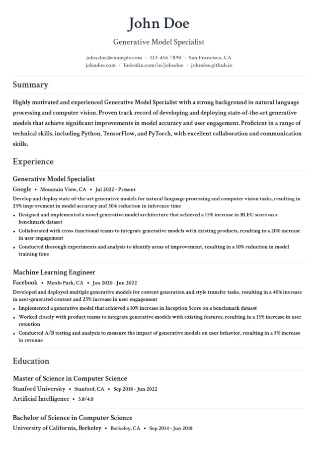 Generative Model Specialist resume example