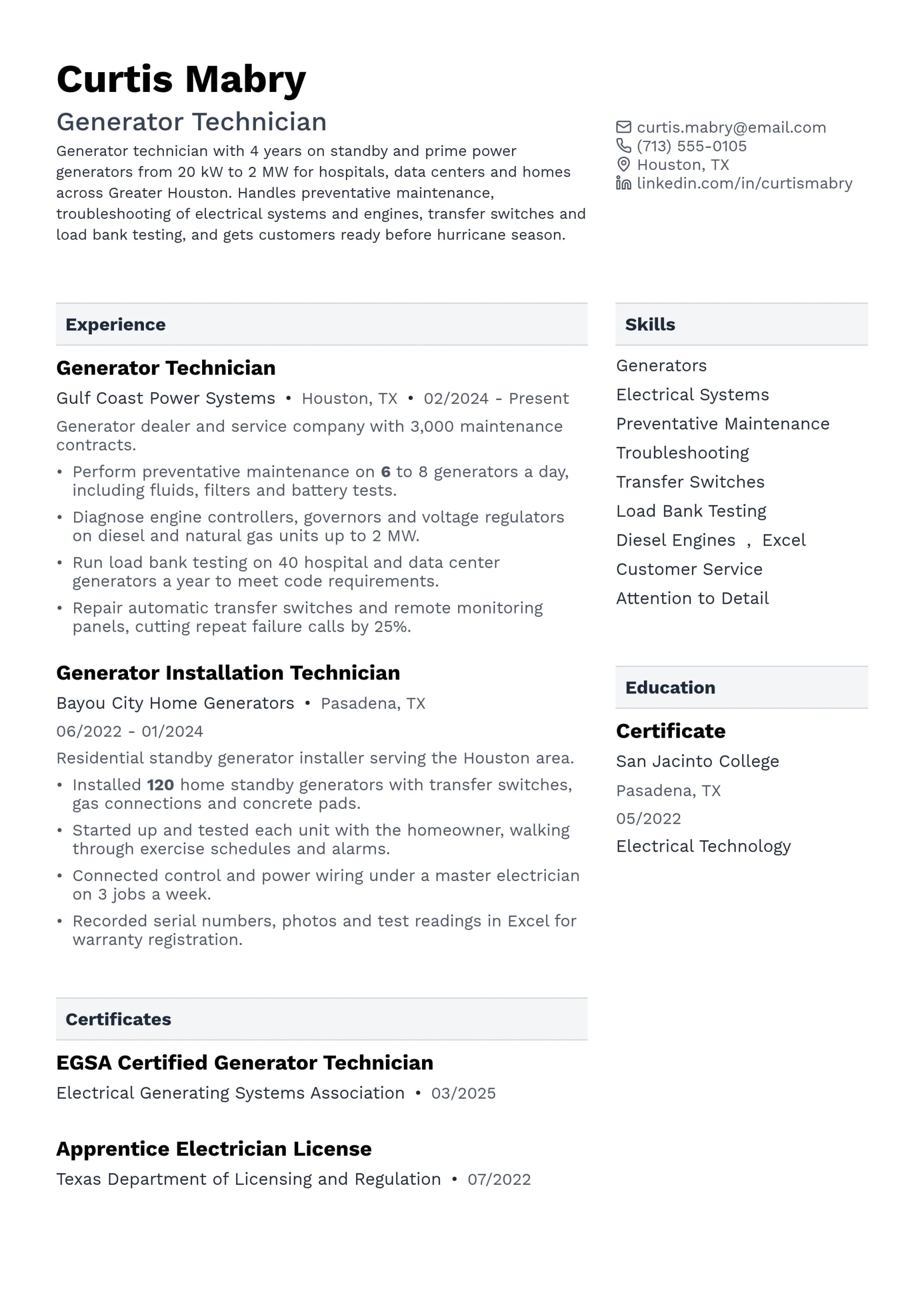 Generator Technician resume example