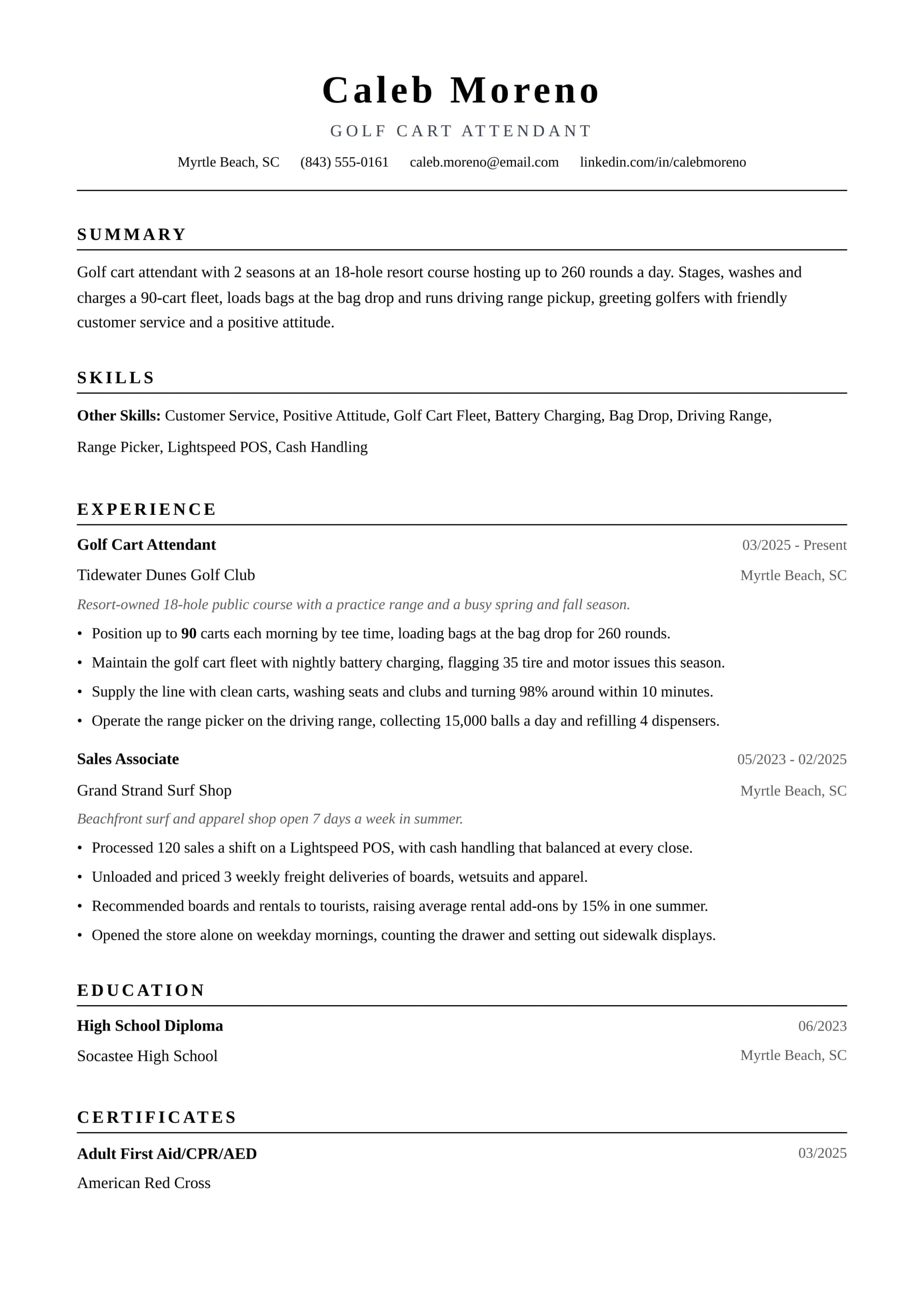 Golf Cart Attendant resume example