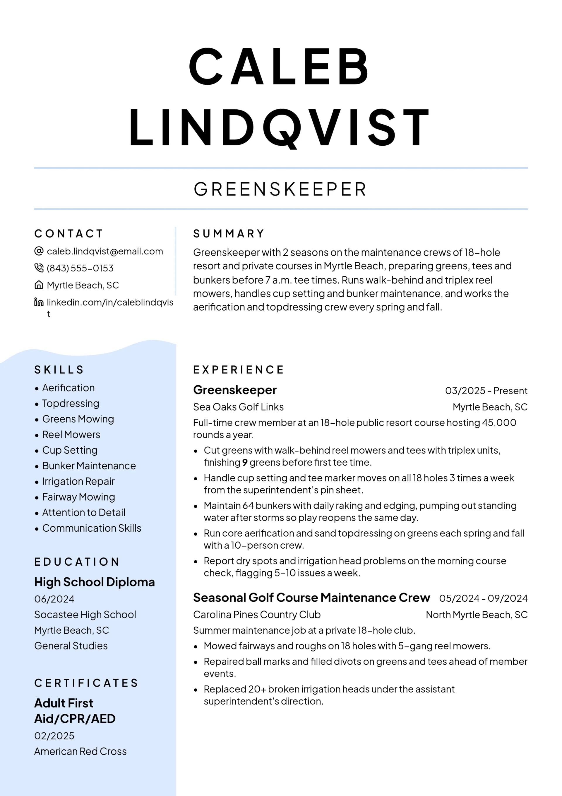 Greenskeeper resume example