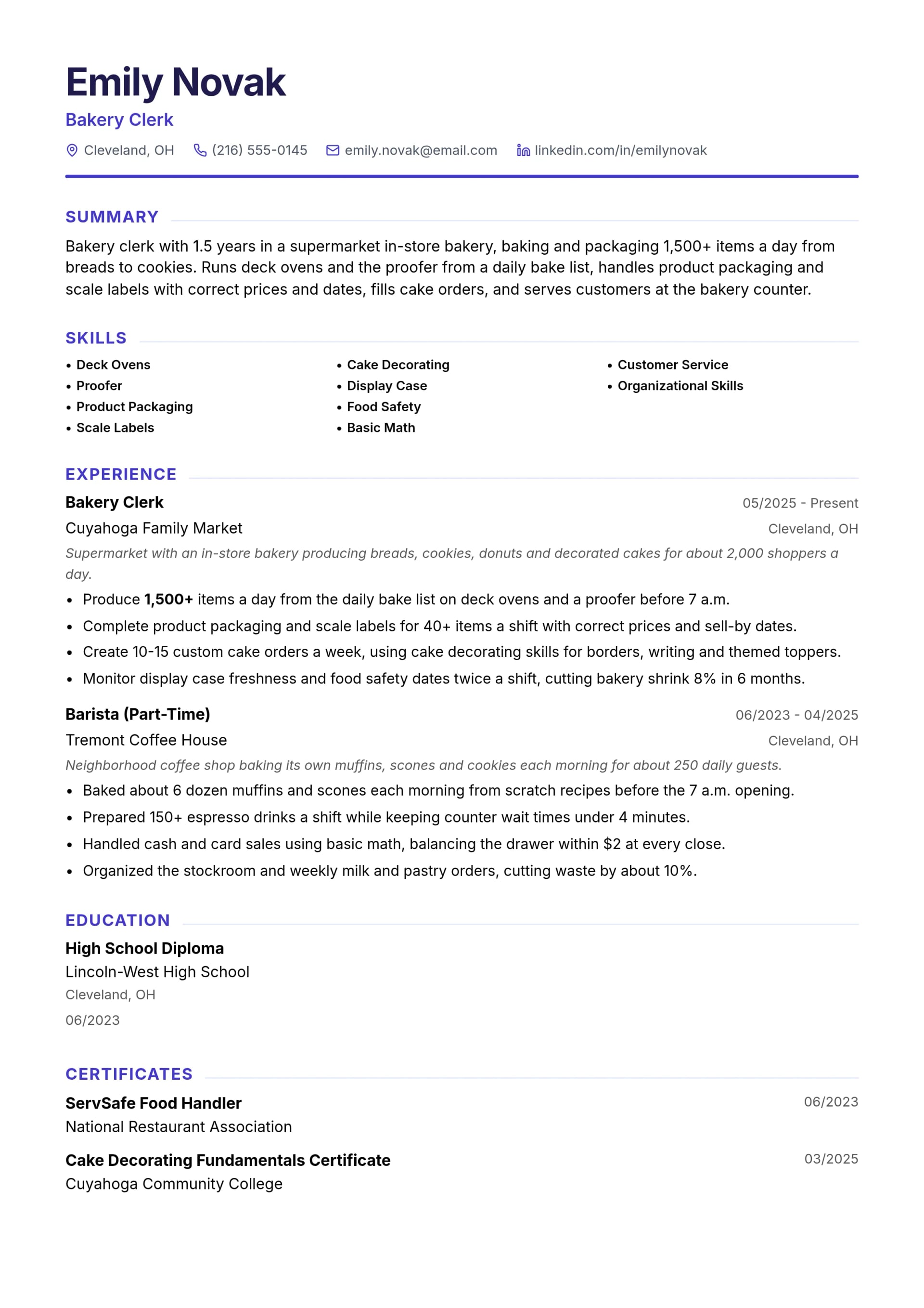 Bakery Clerk resume example