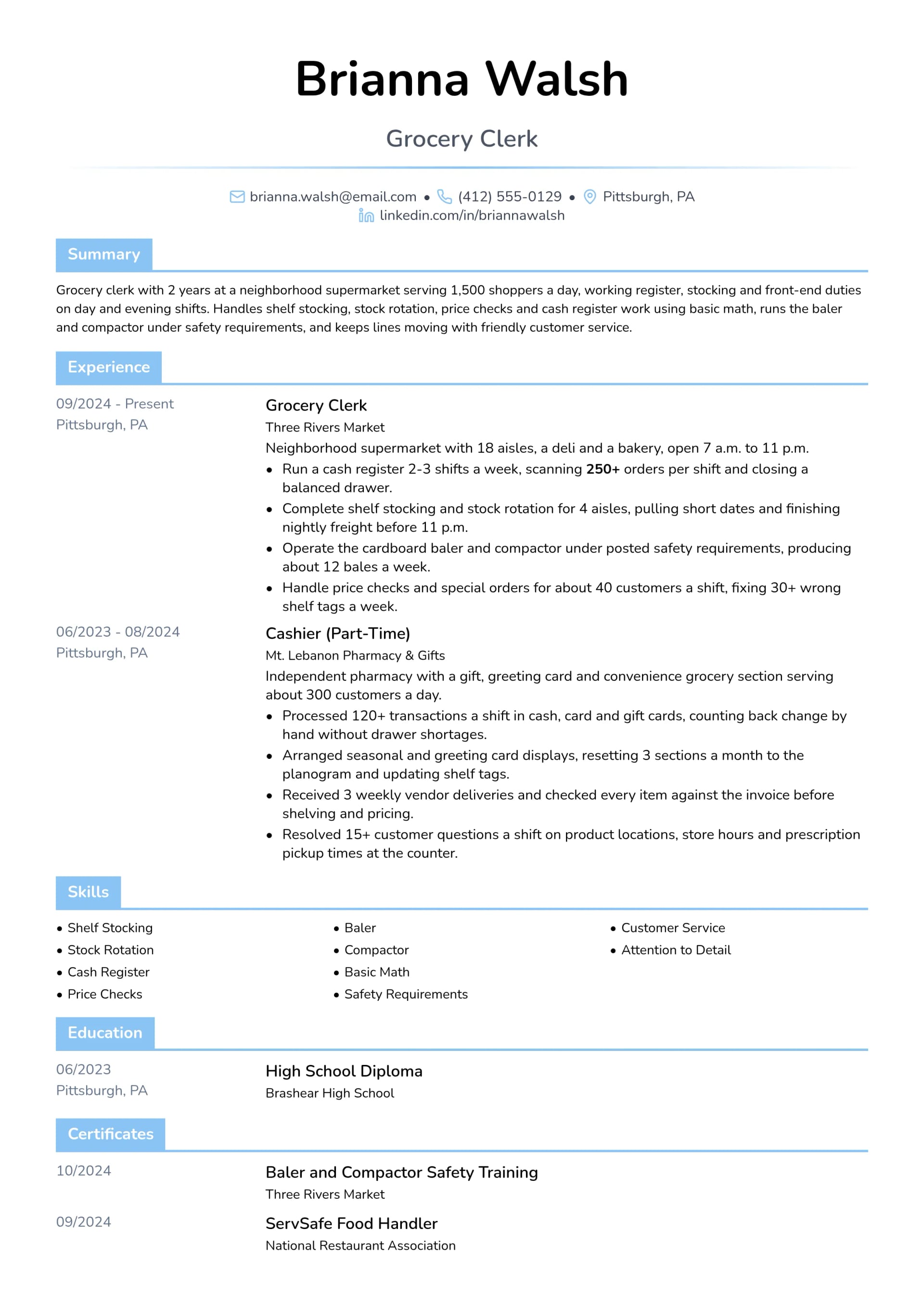 Grocery Clerk resume example