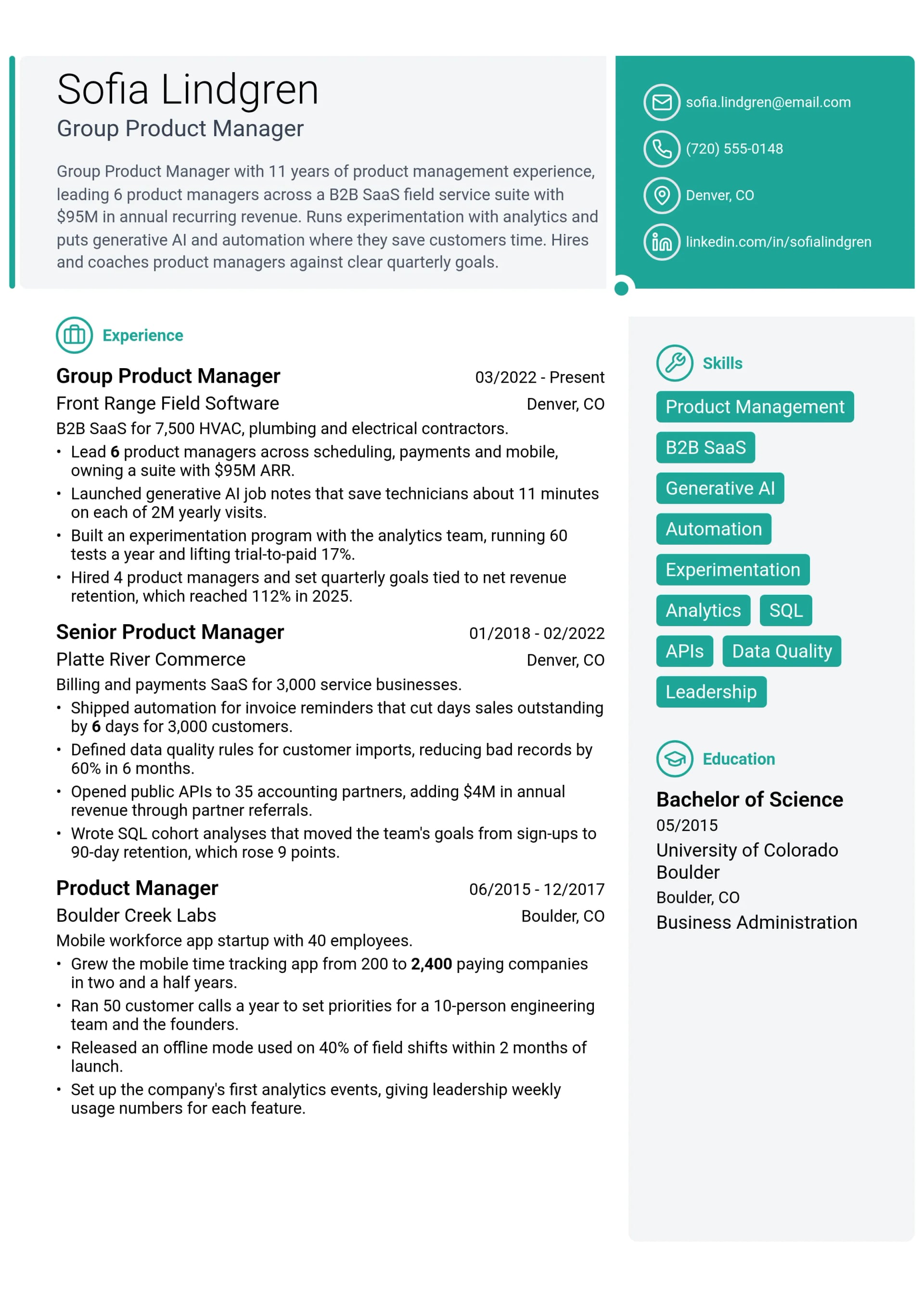 Group Product Manager resume example