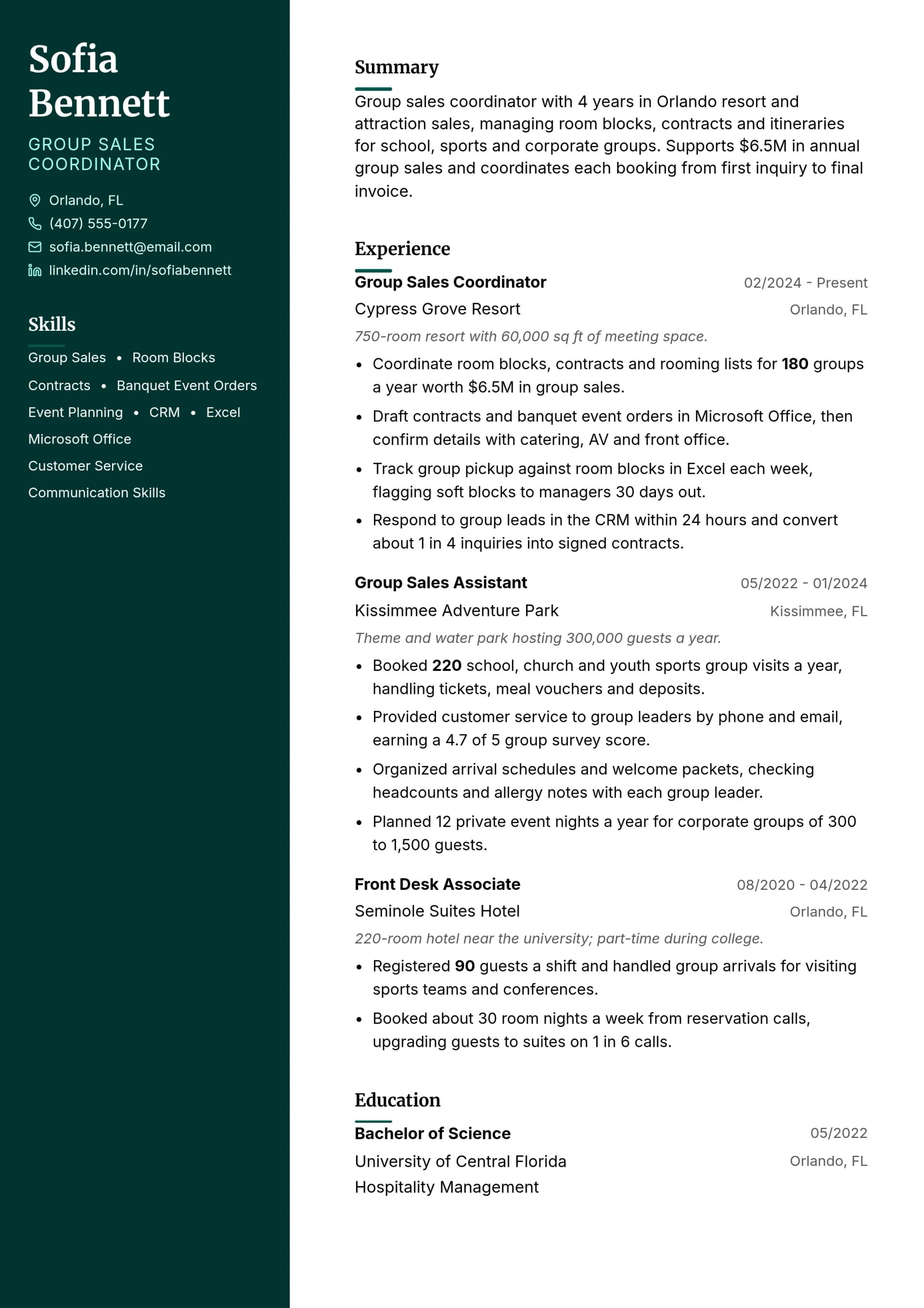 Group Sales Coordinator resume example