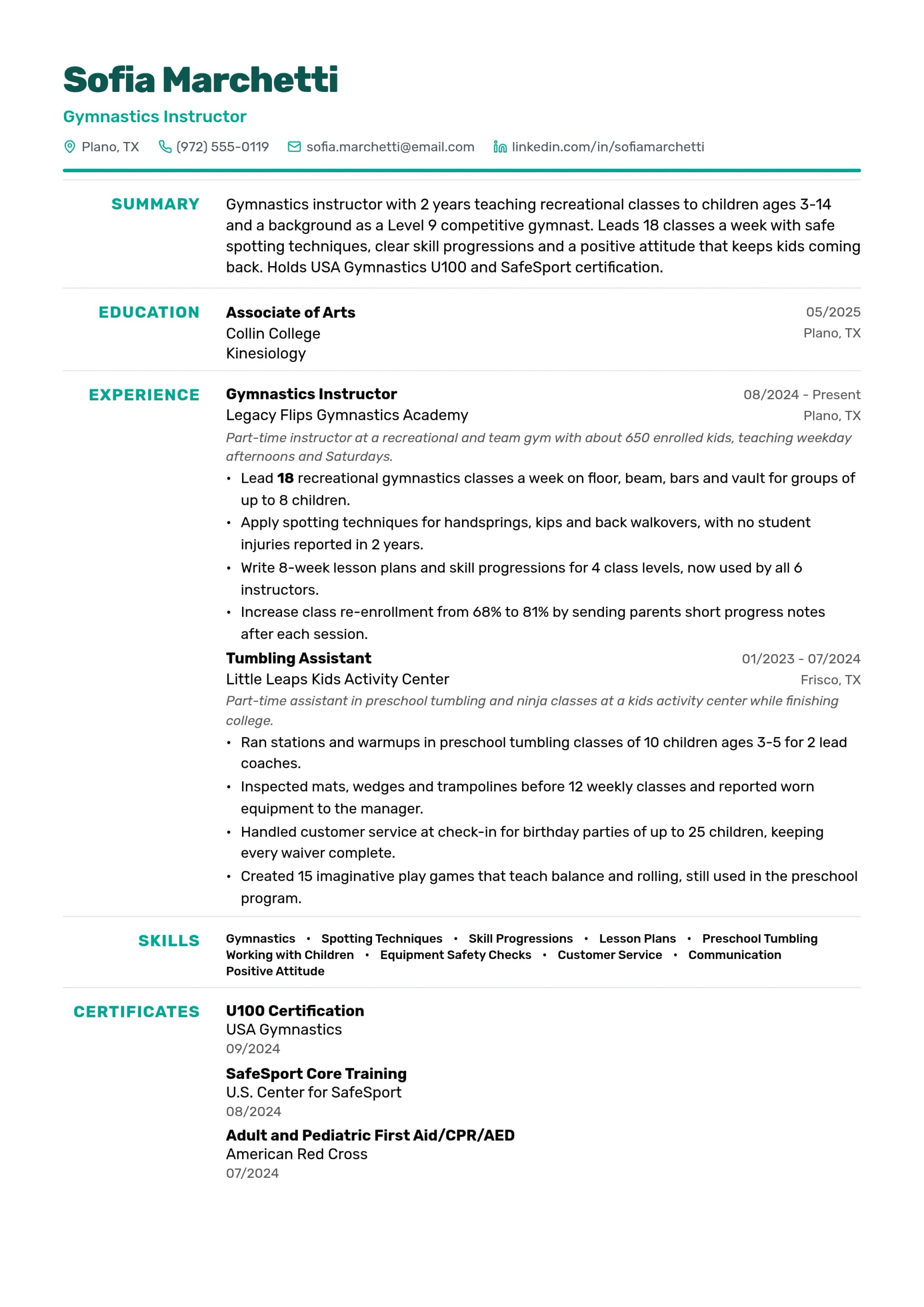 Gymnastics Instructor resume example