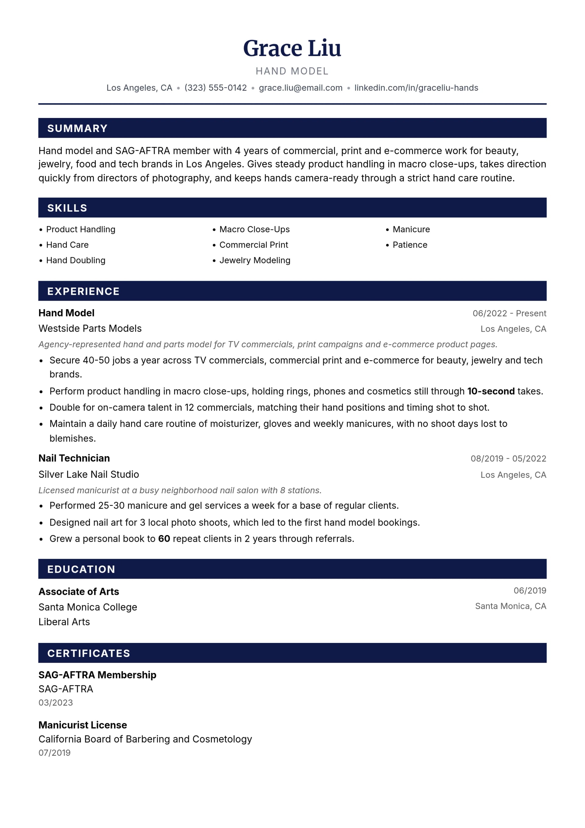 Hand Model resume example