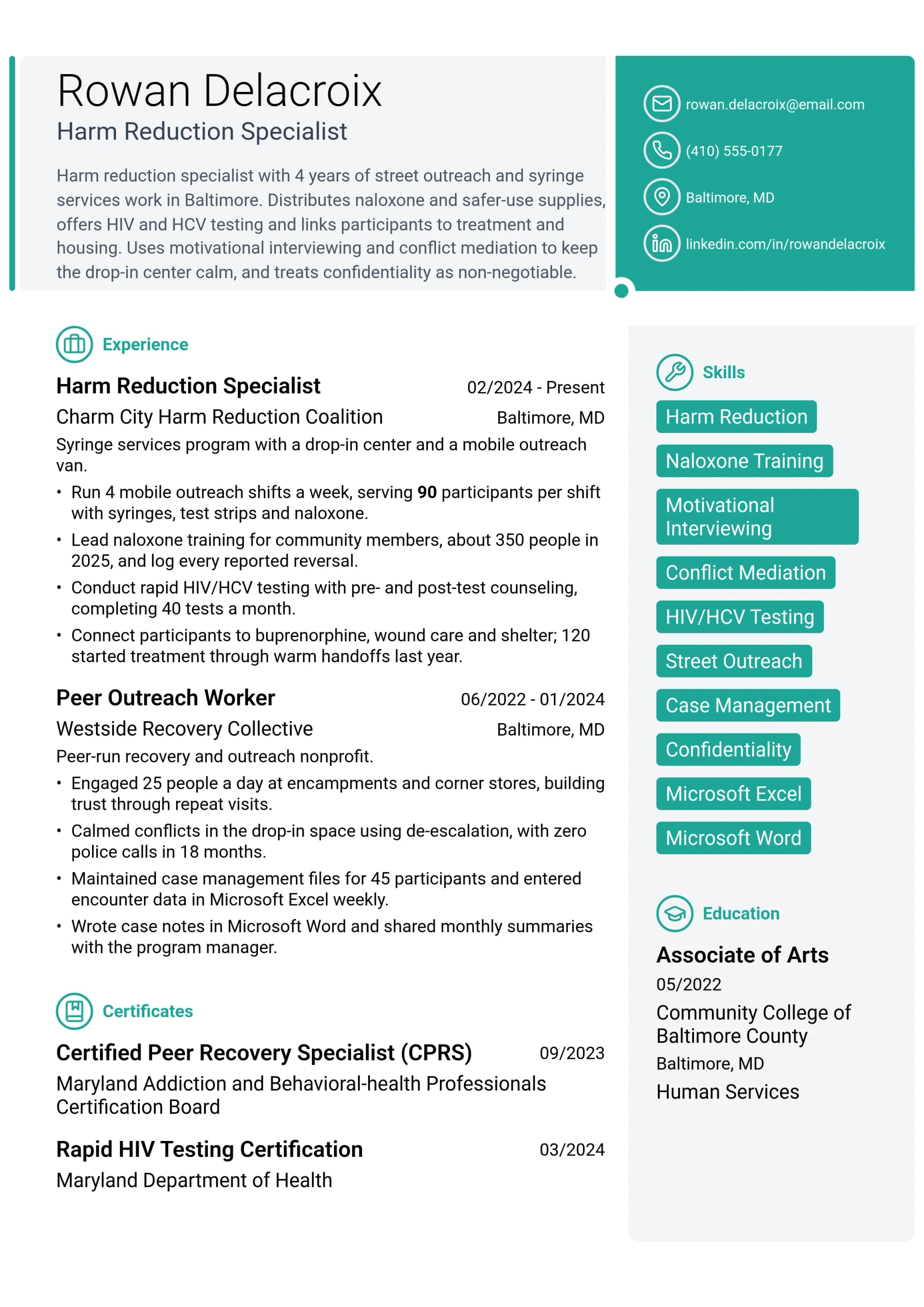 Harm Reduction Specialist resume example