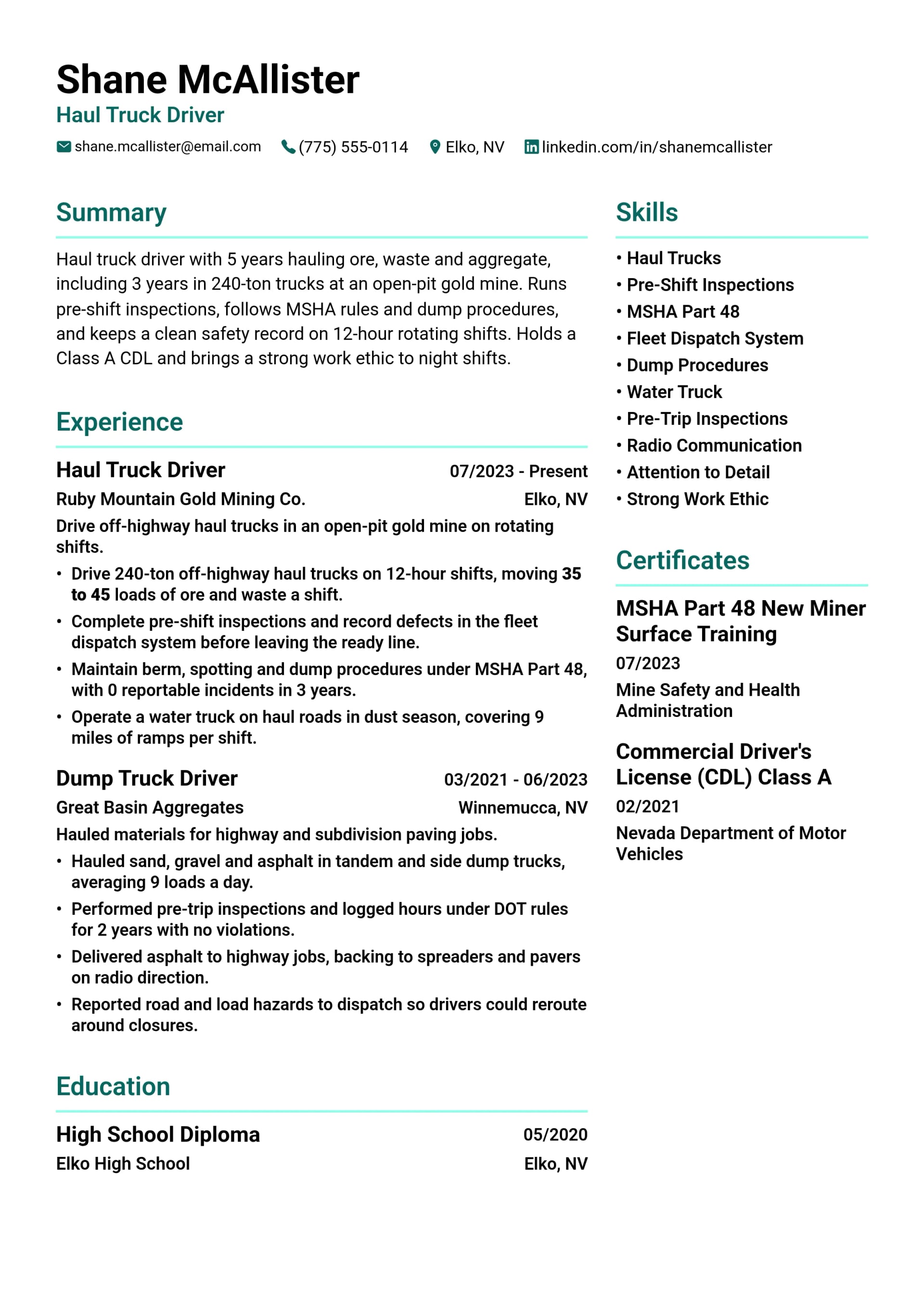 Haul Truck Driver resume example