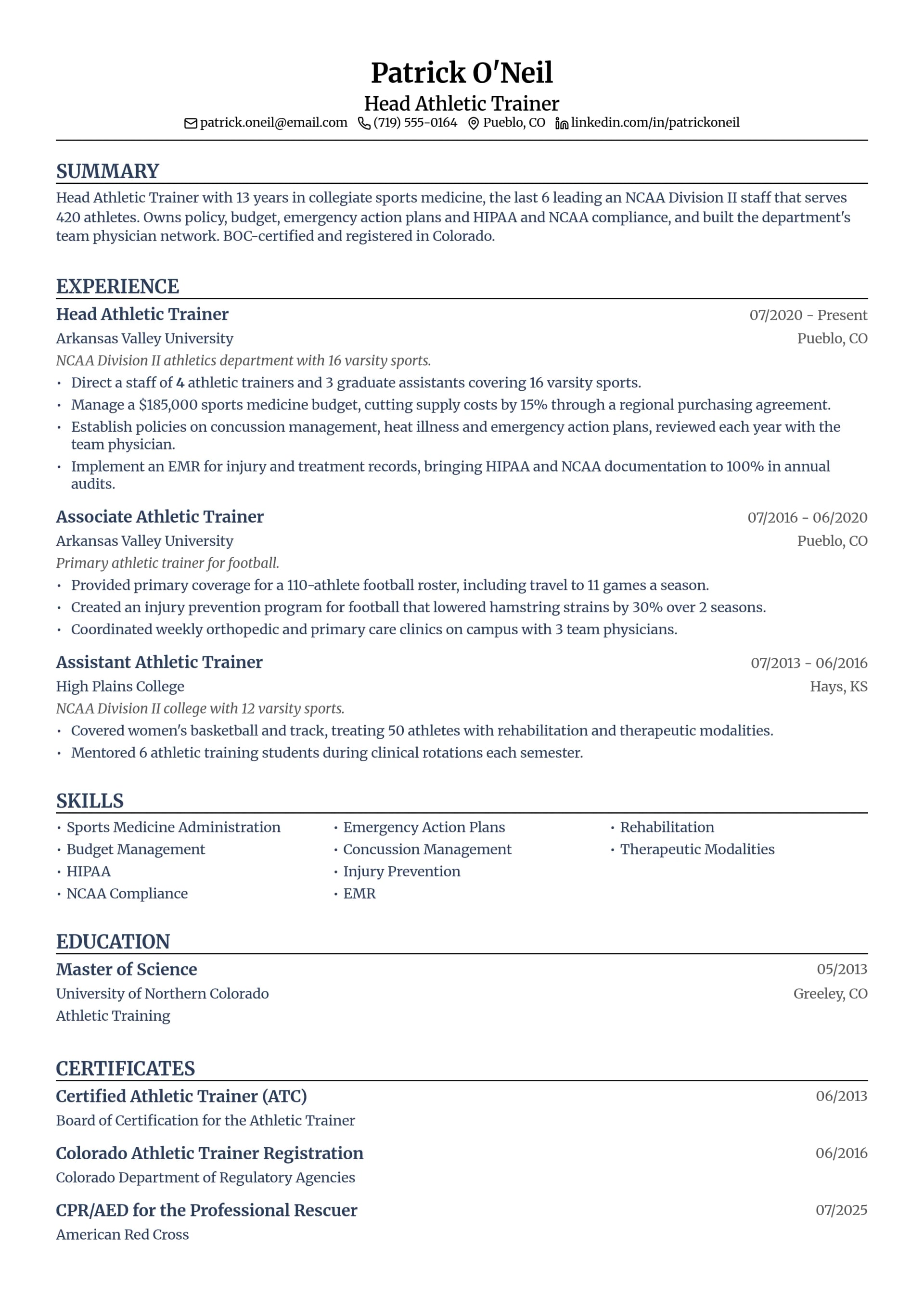 Head Athletic Trainer resume example