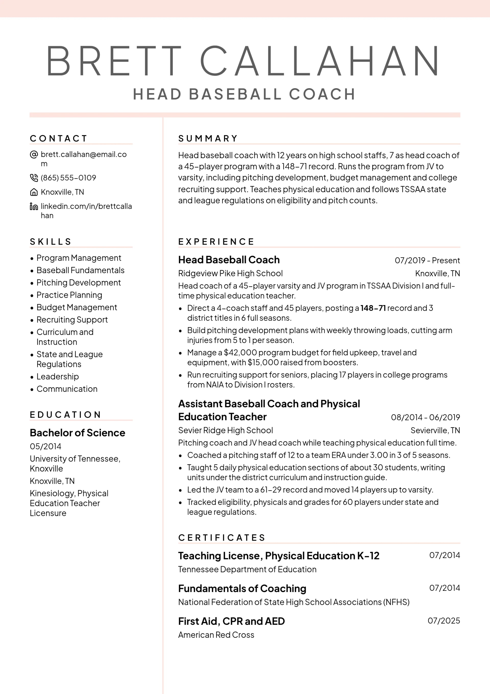 Head Baseball Coach resume example