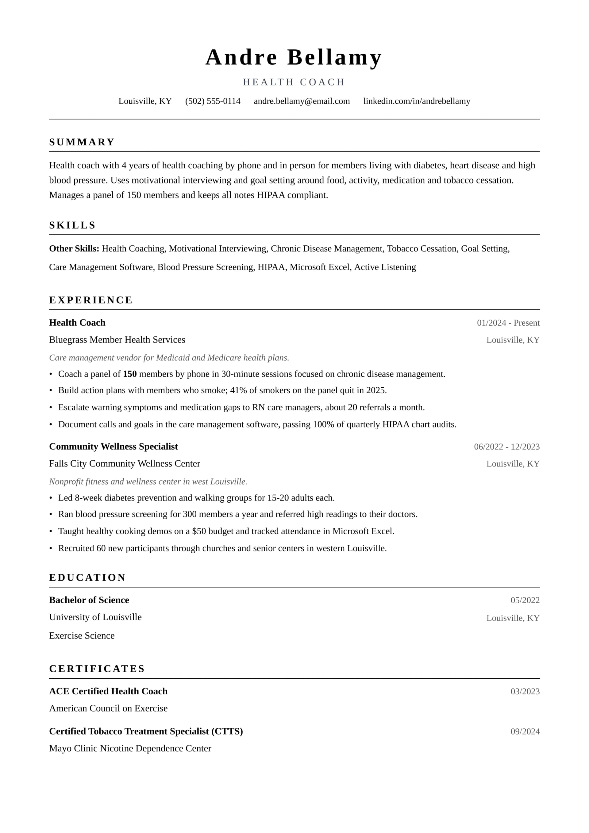 Health Coach resume example