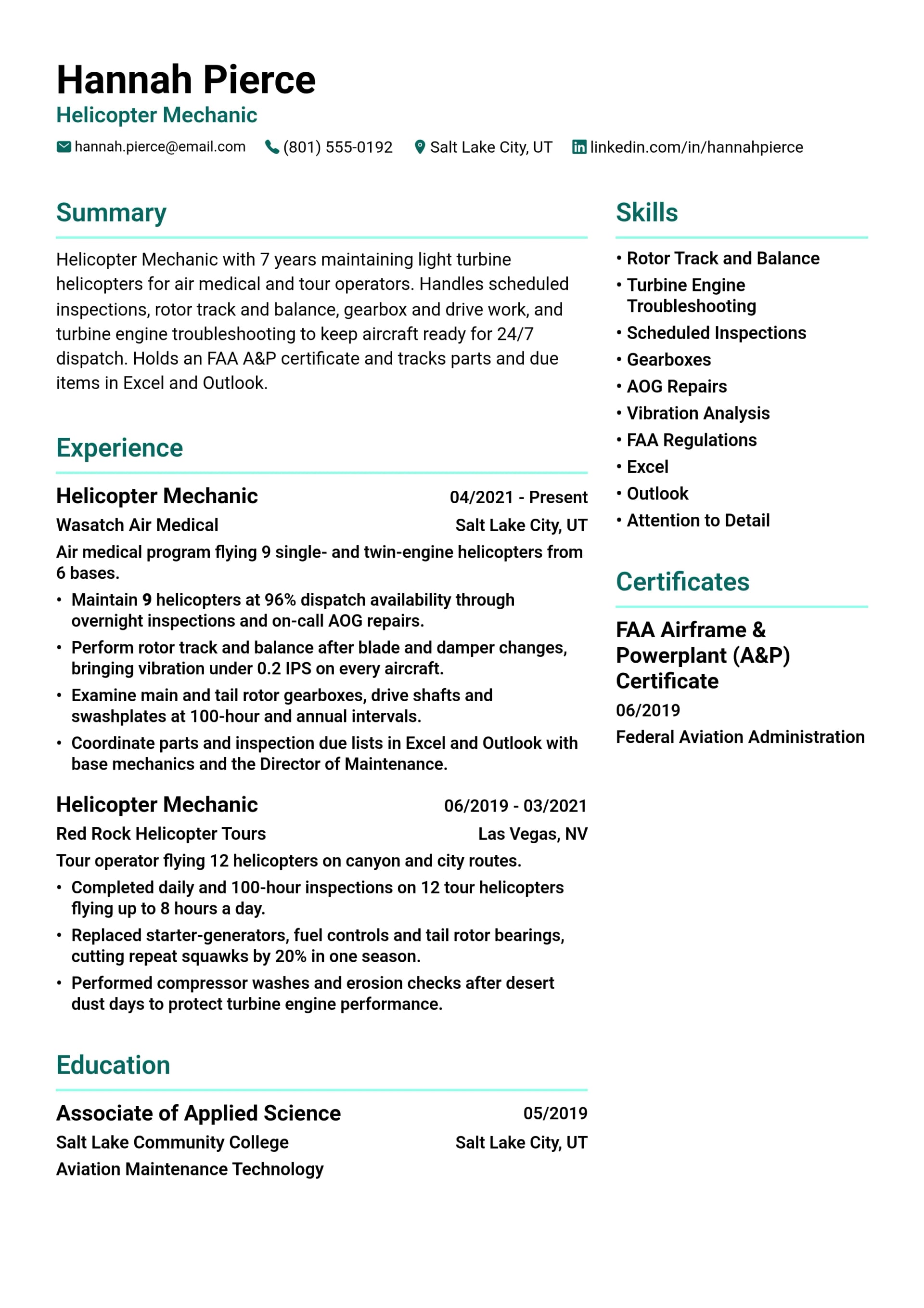 Helicopter Mechanic resume example