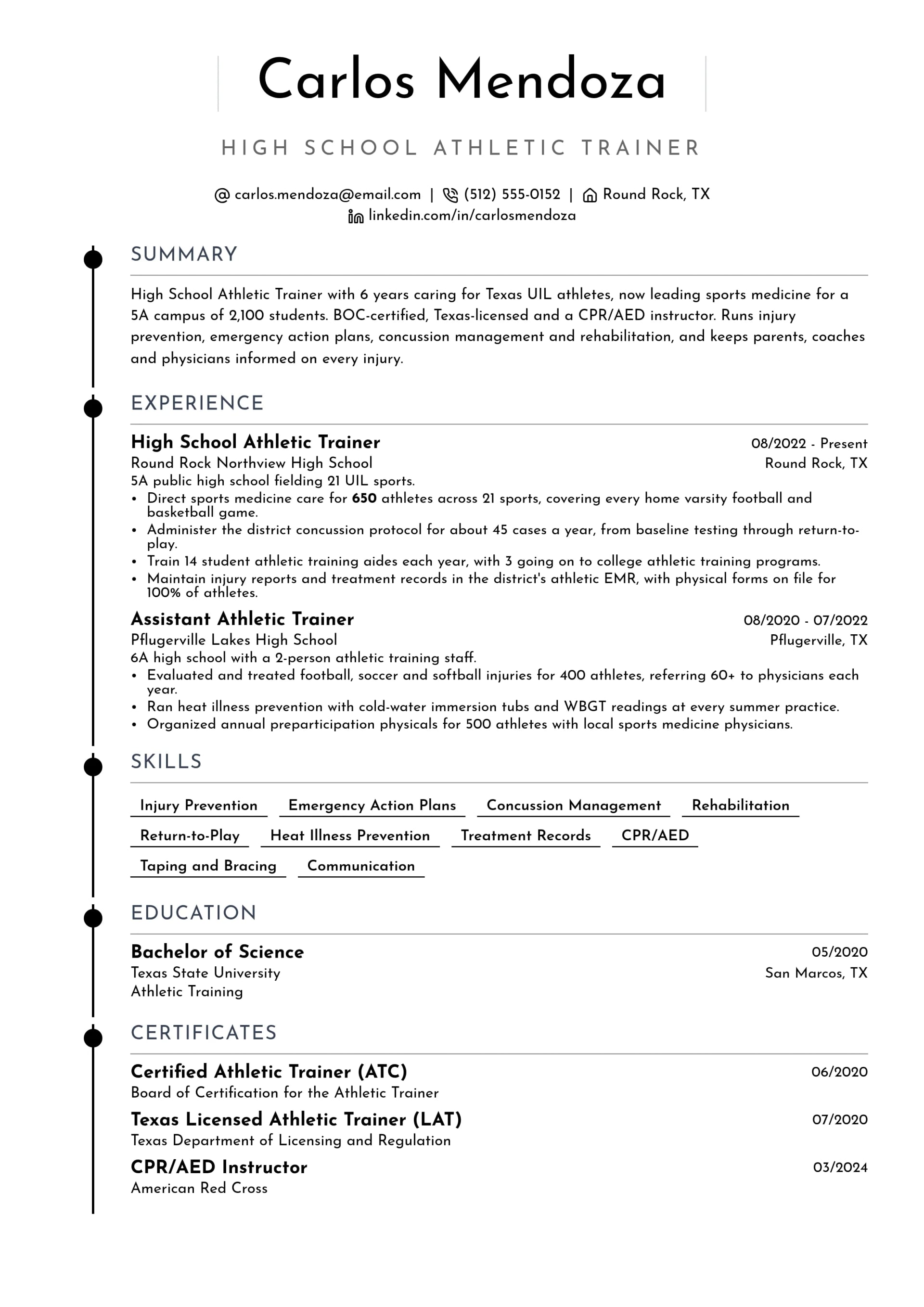 High School Athletic Trainer resume example