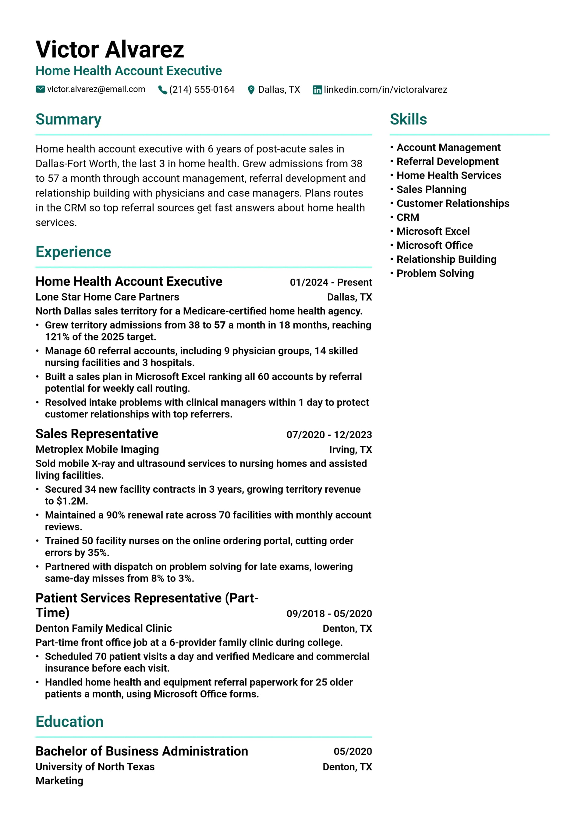 Home Health Account Executive resume example