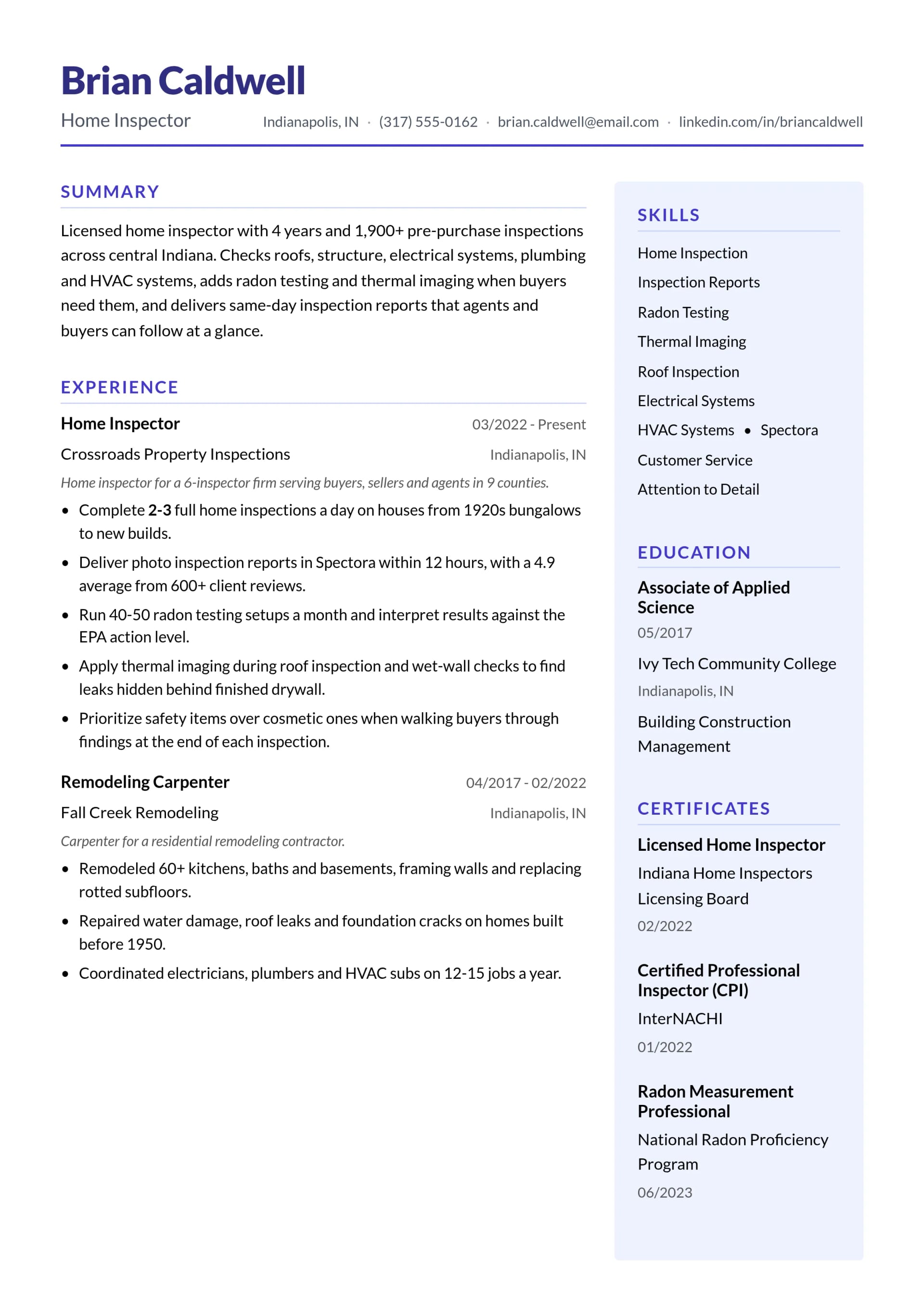 Home Inspector resume example