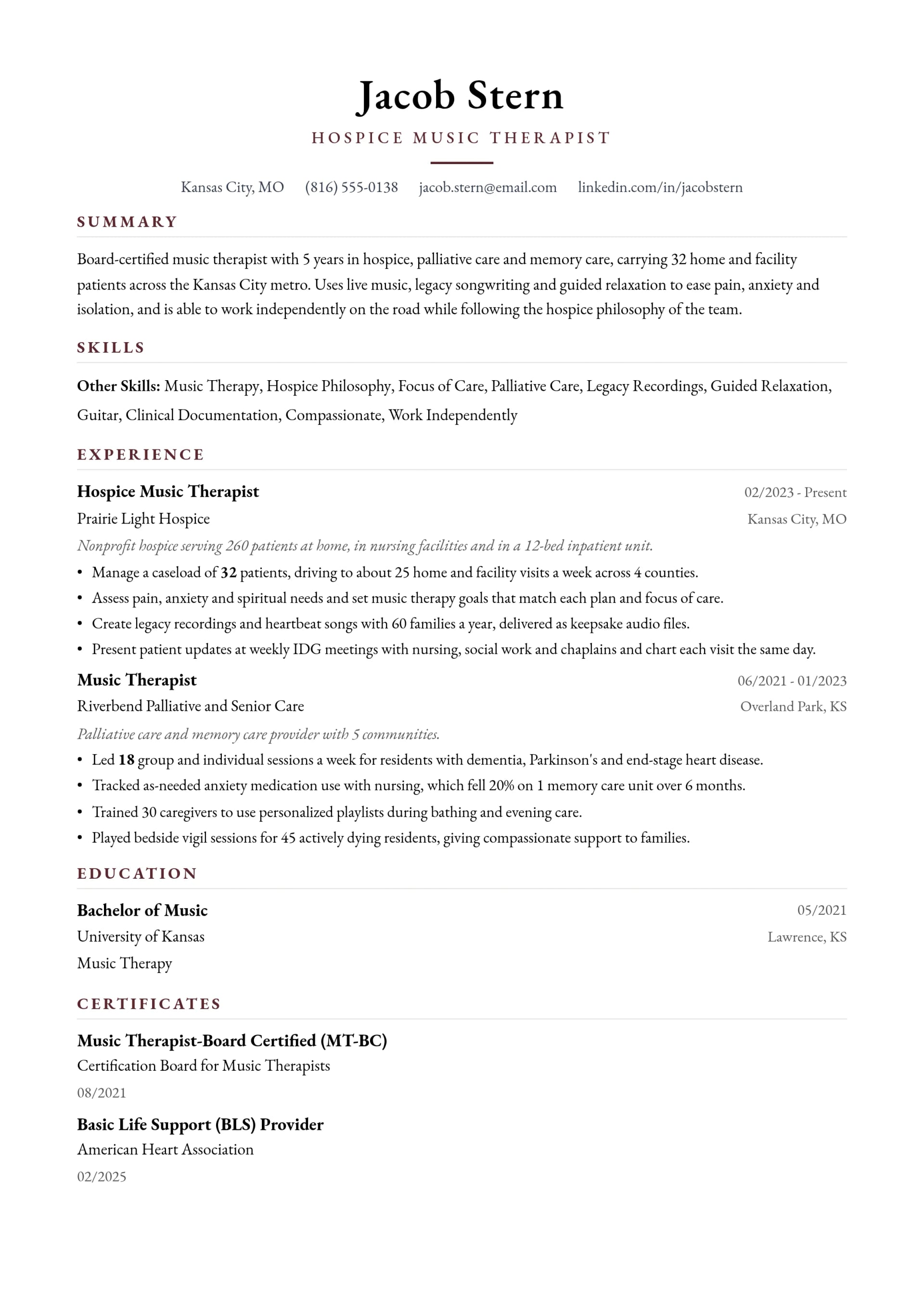 Hospice Music Therapist resume example