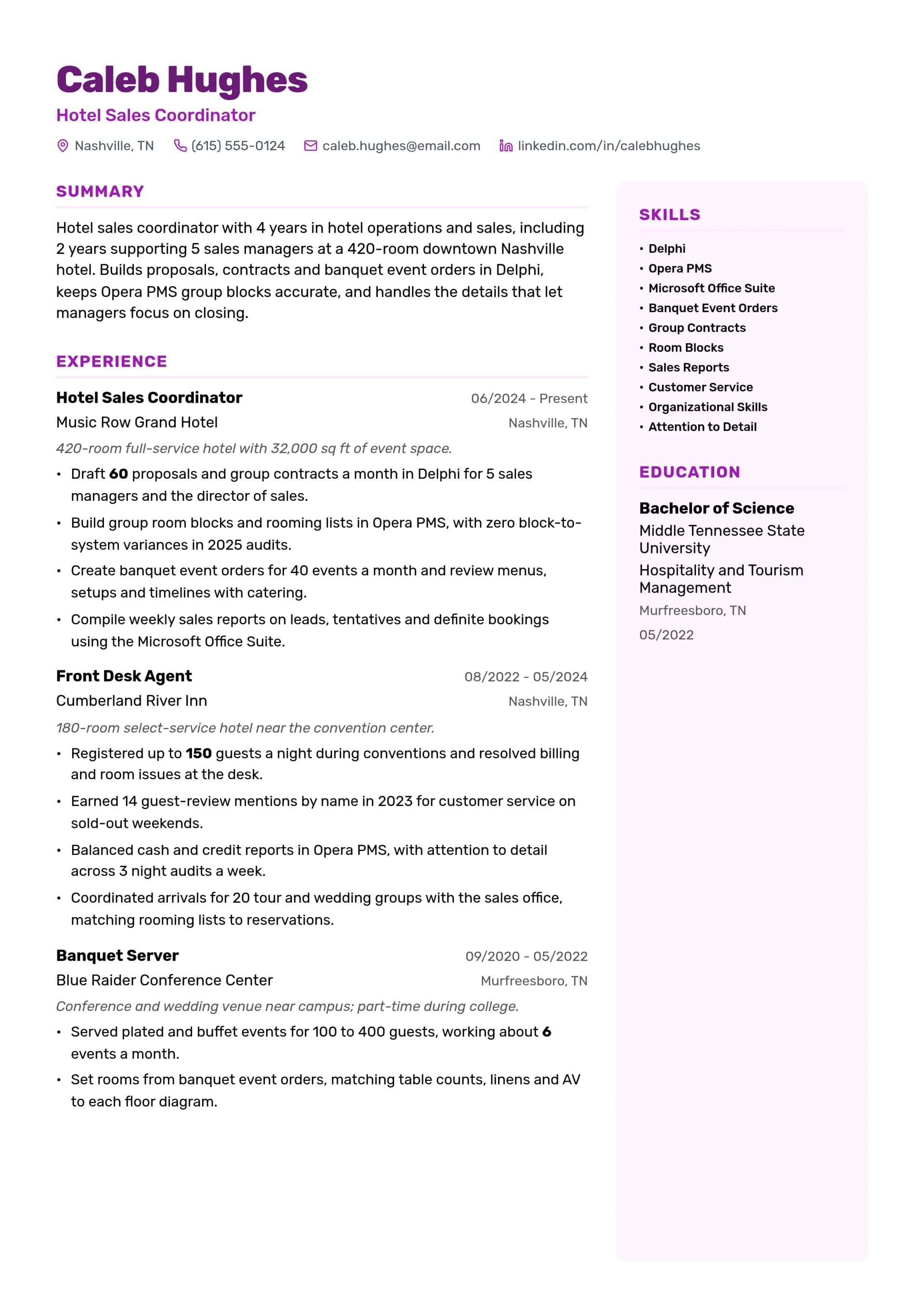 Hotel Sales Coordinator resume example