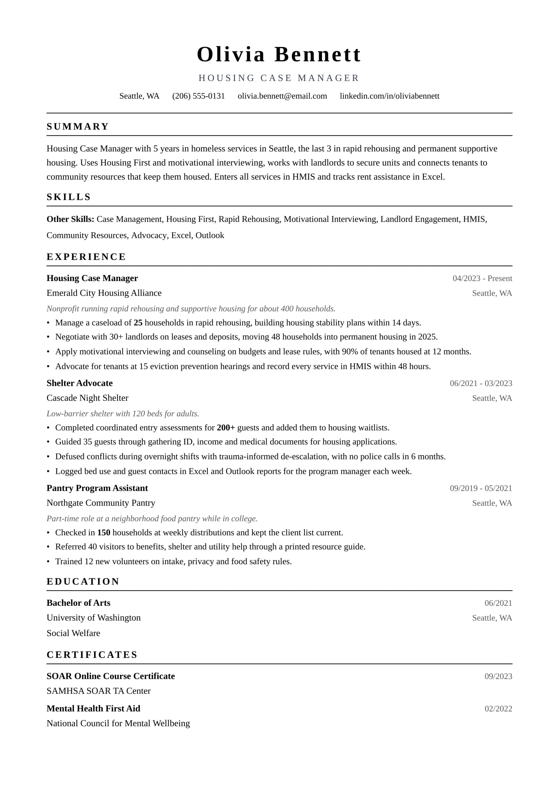 Housing Case Manager resume example