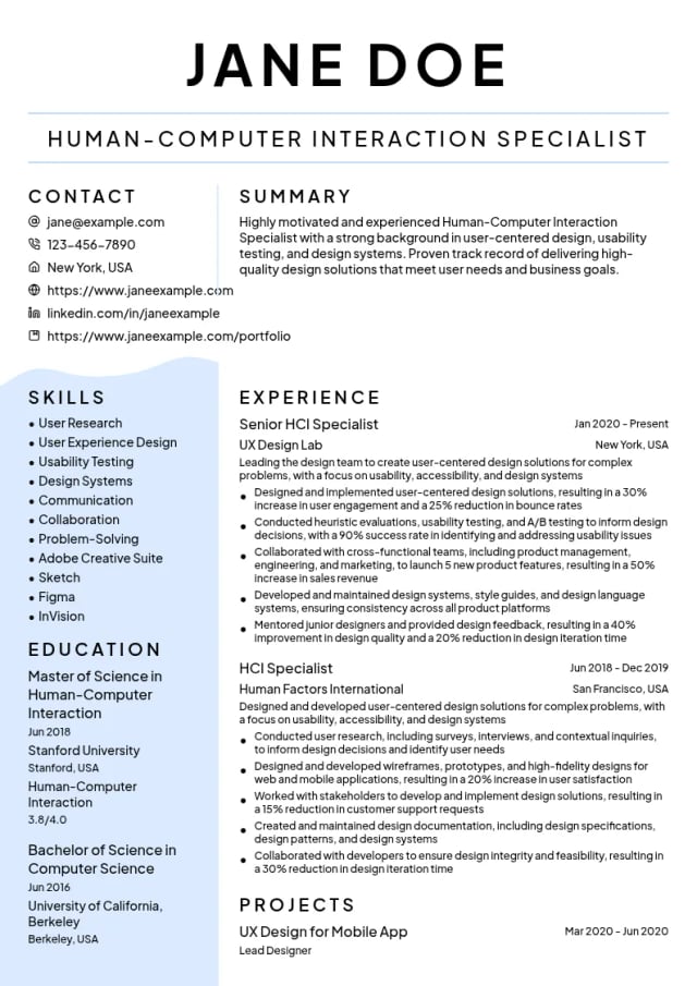 Human-Computer Interaction (HCI) Specialist resume example