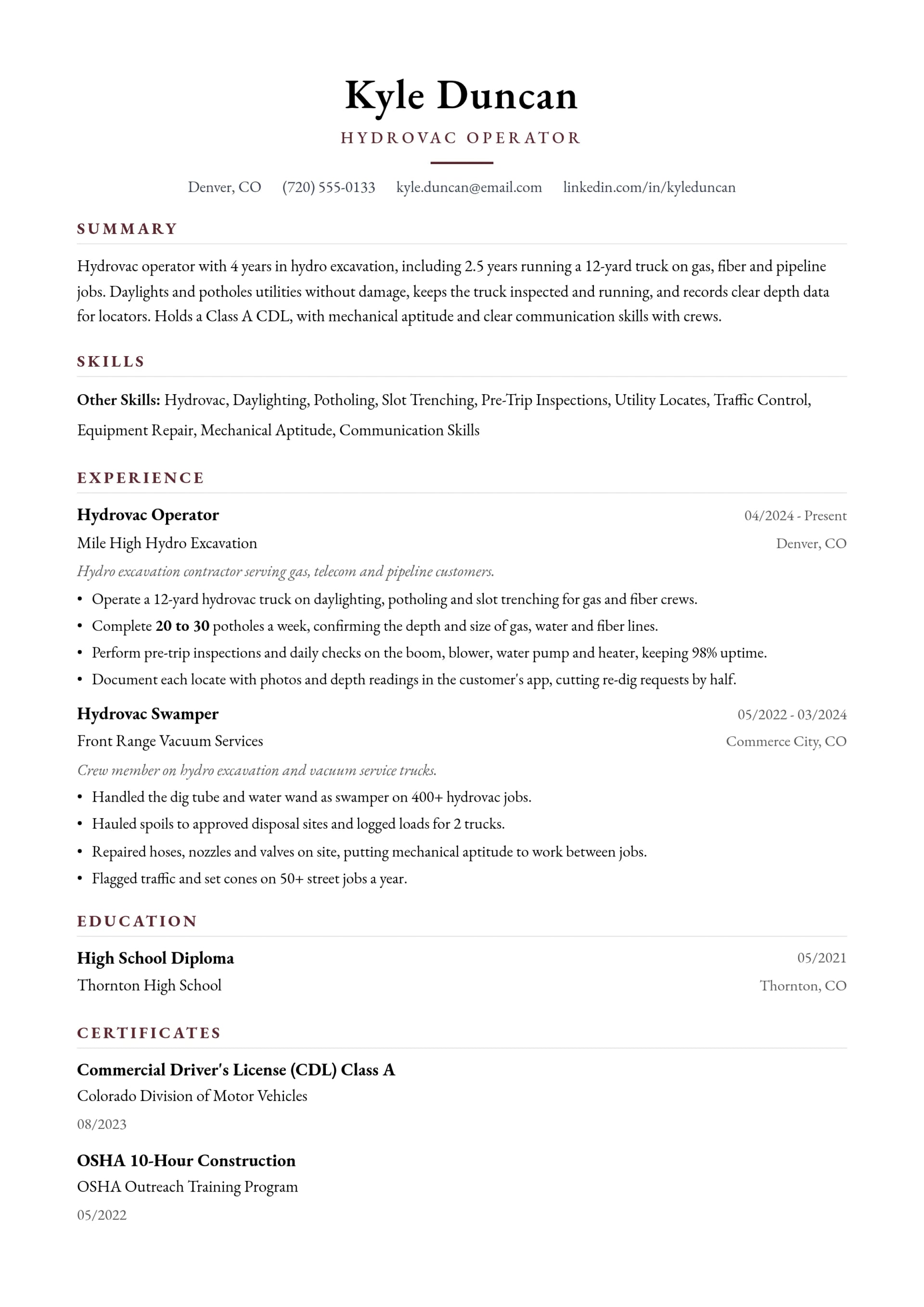Hydrovac Operator resume example