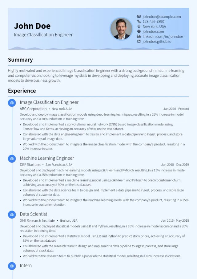 Image Classification Engineer resume example