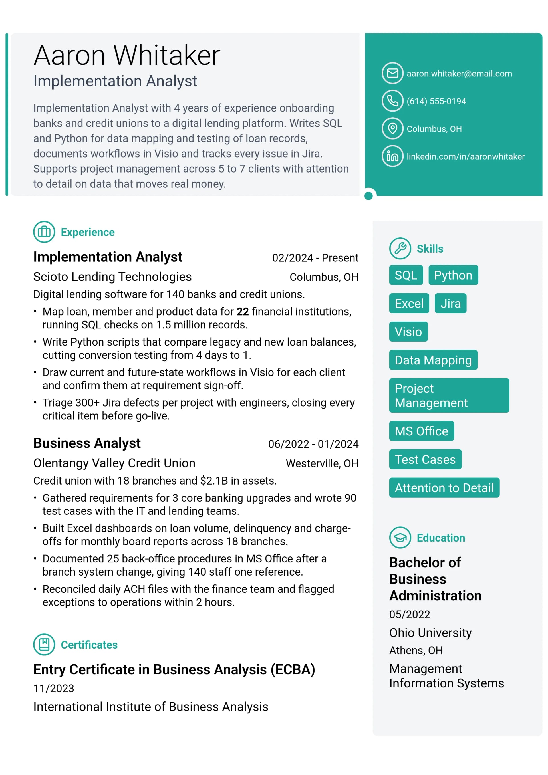 Implementation Analyst resume example