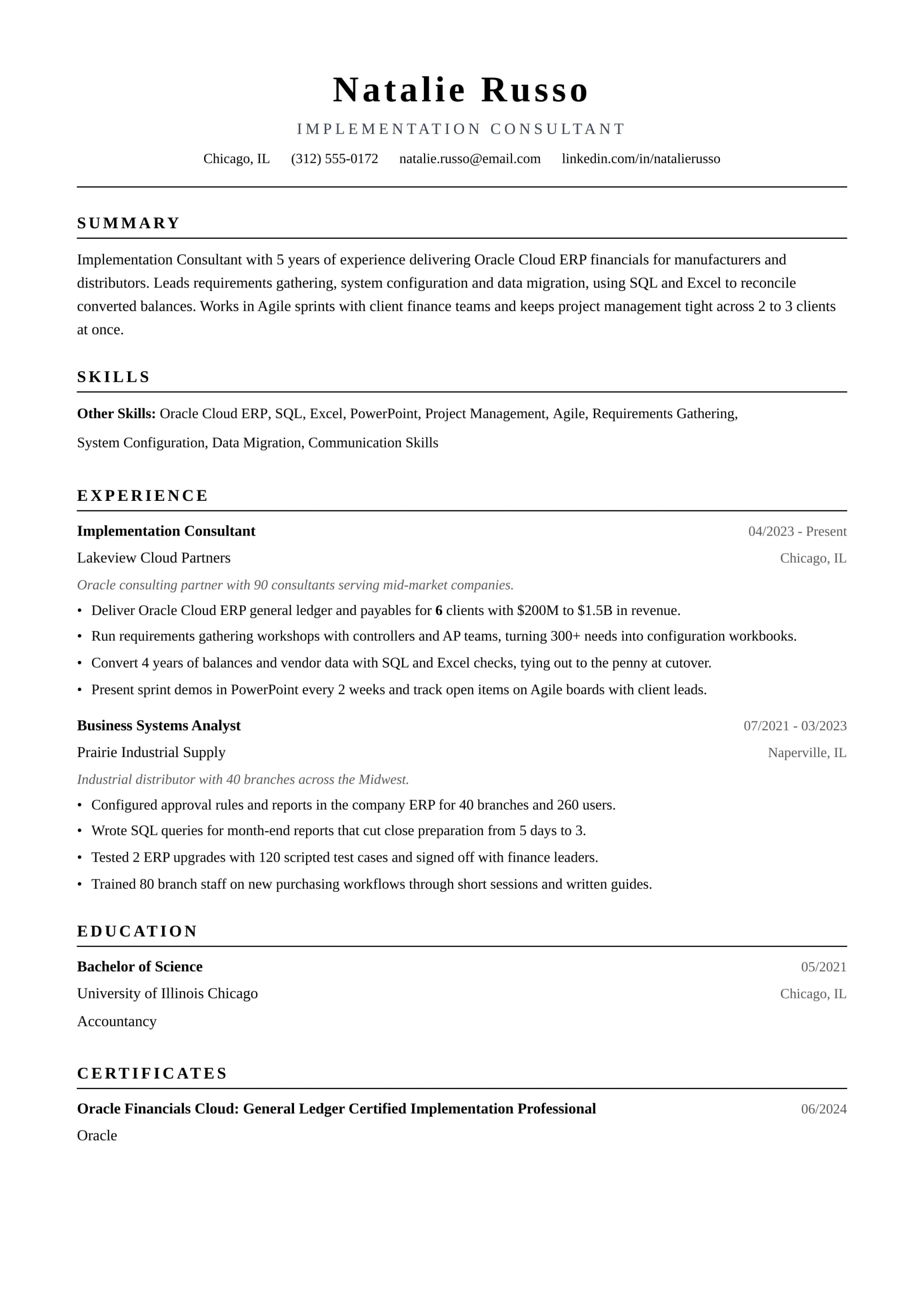 Implementation Consultant resume example