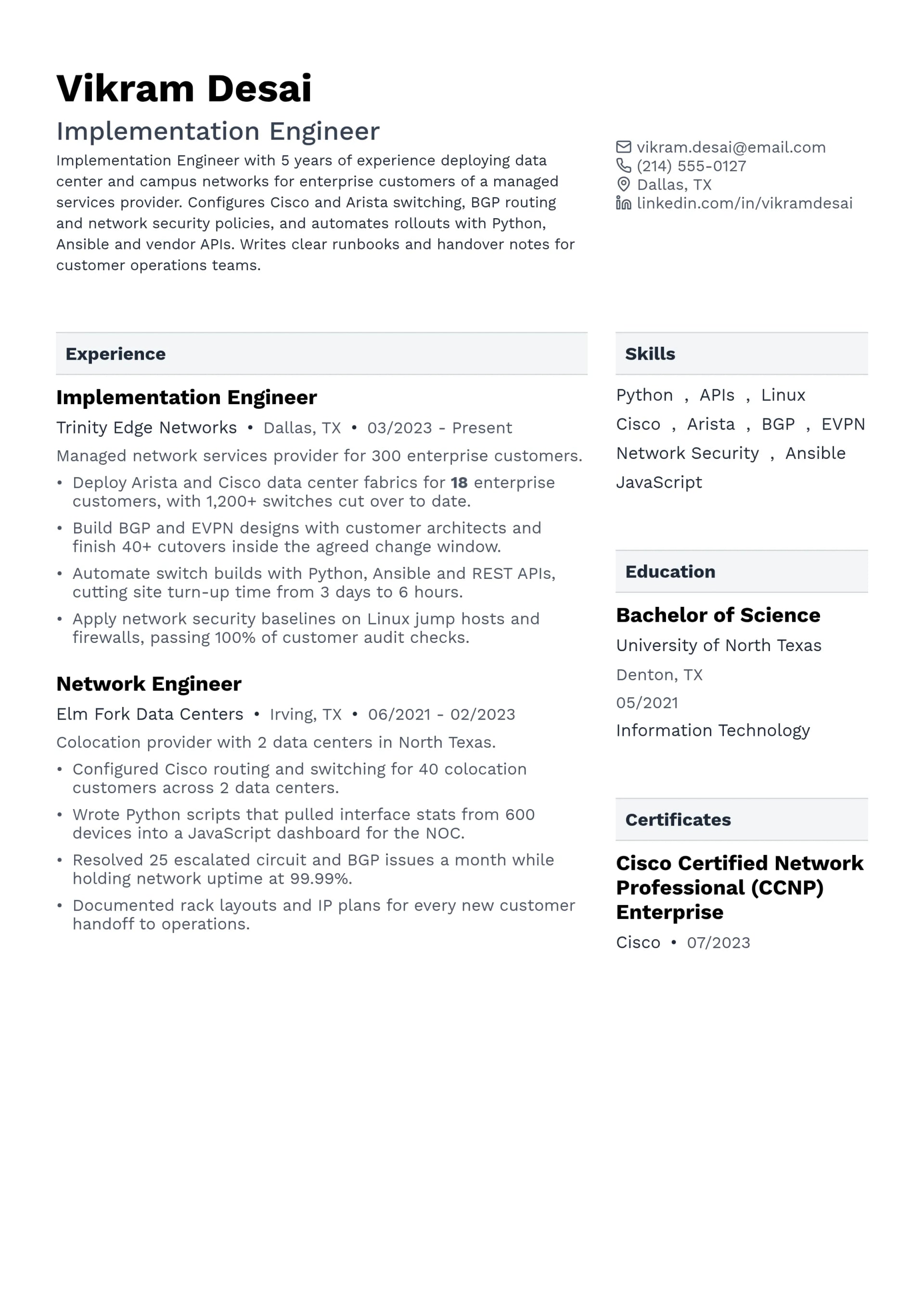 Implementation Engineer resume example