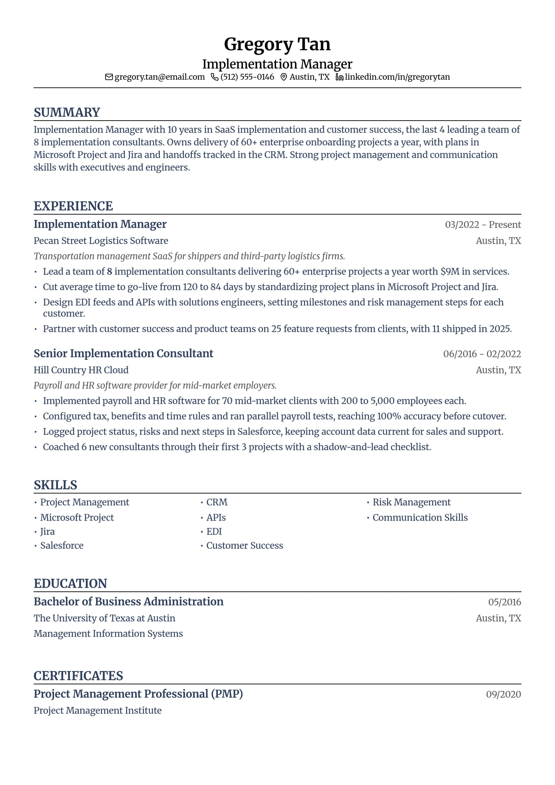 Implementation Manager resume example