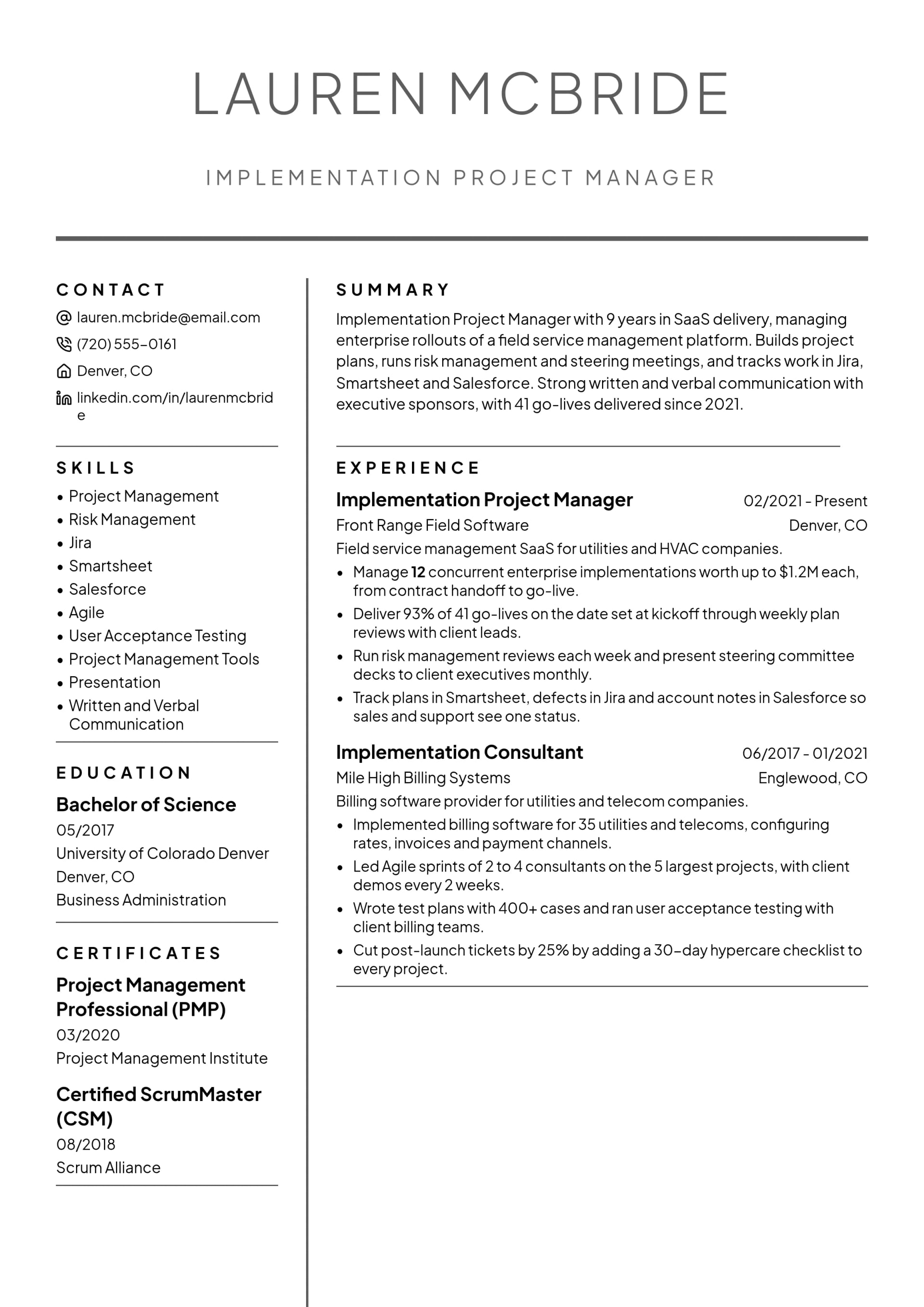 Implementation Project Manager resume example