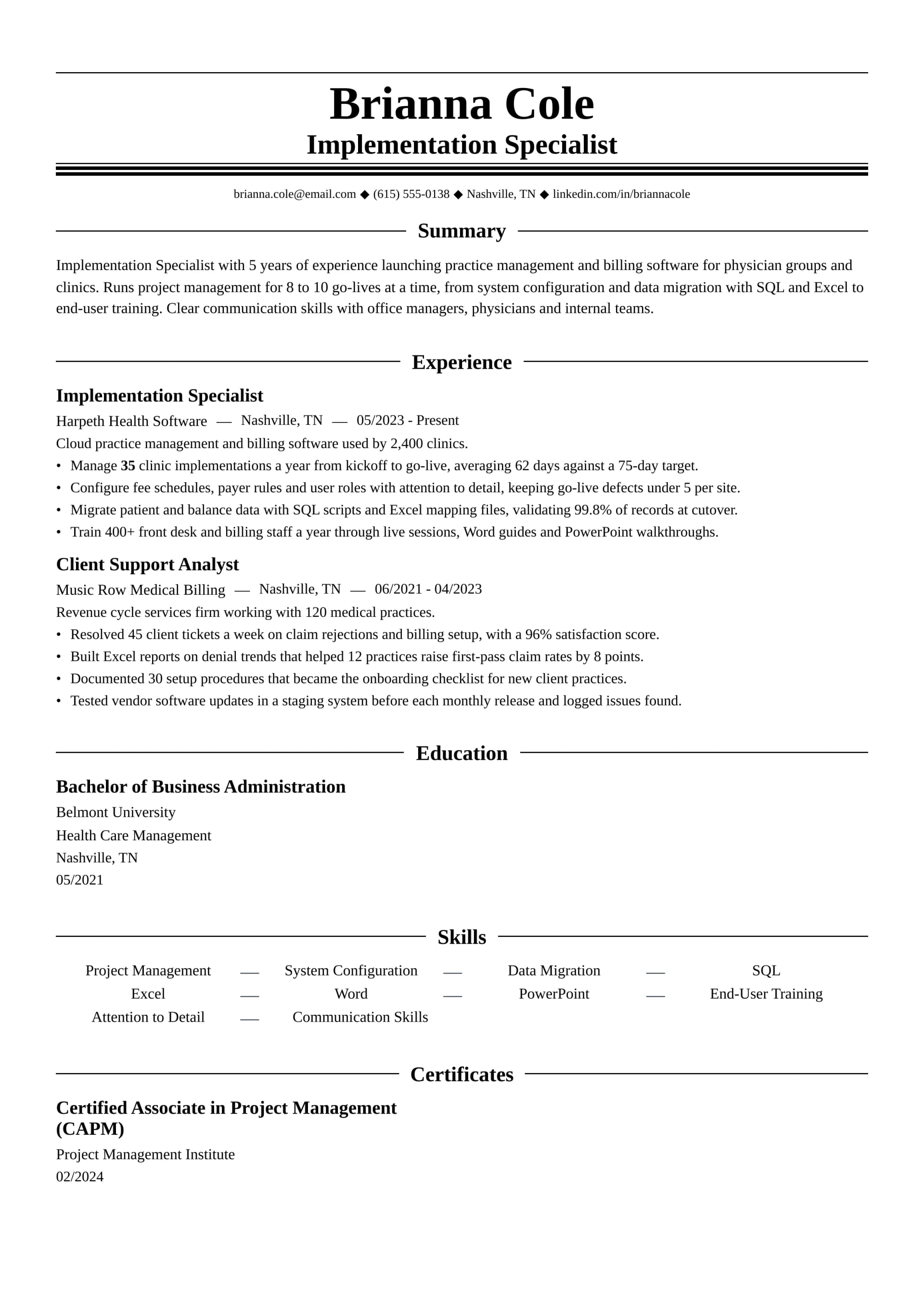 Implementation Specialist resume example