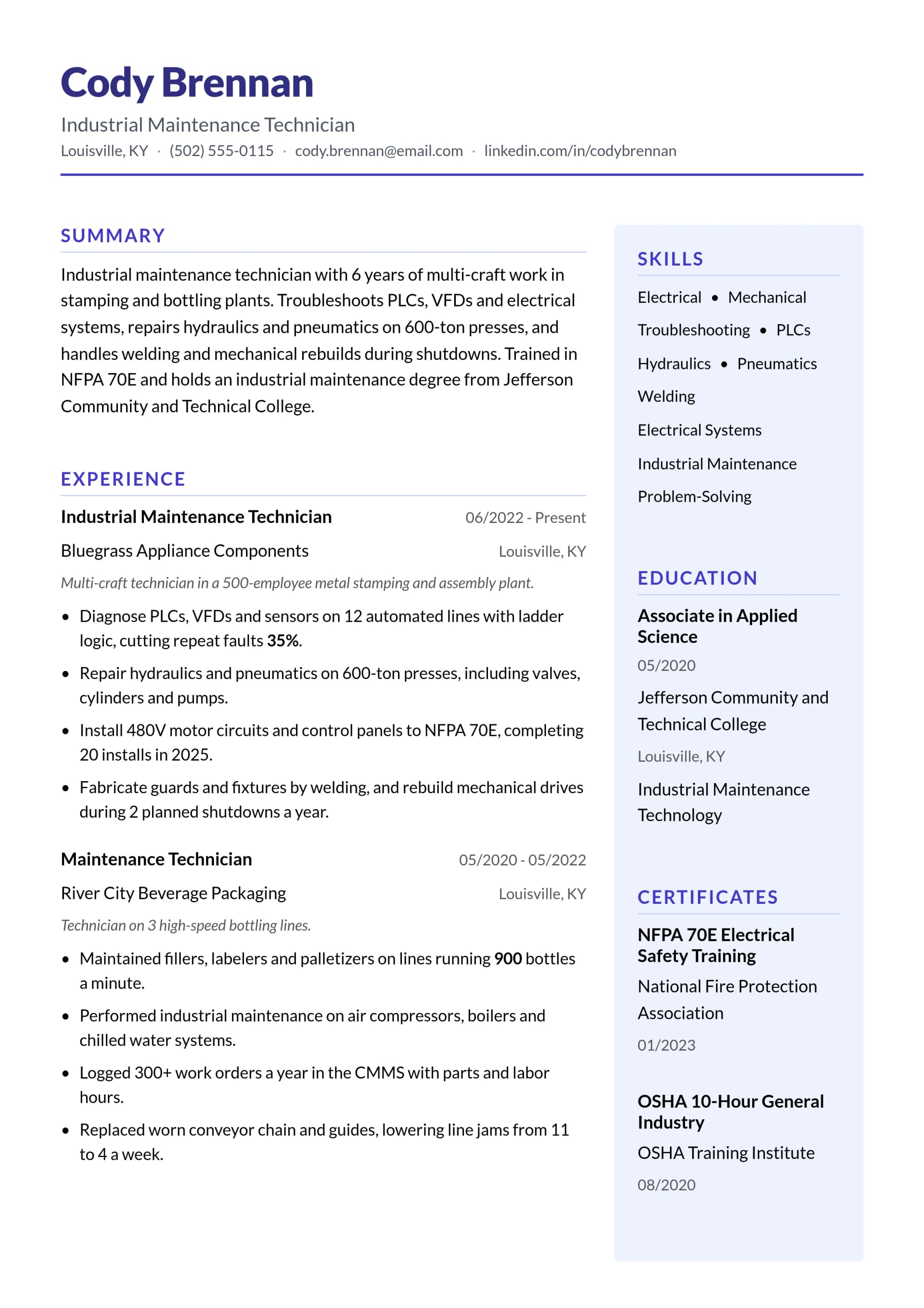 Industrial Maintenance Technician resume example