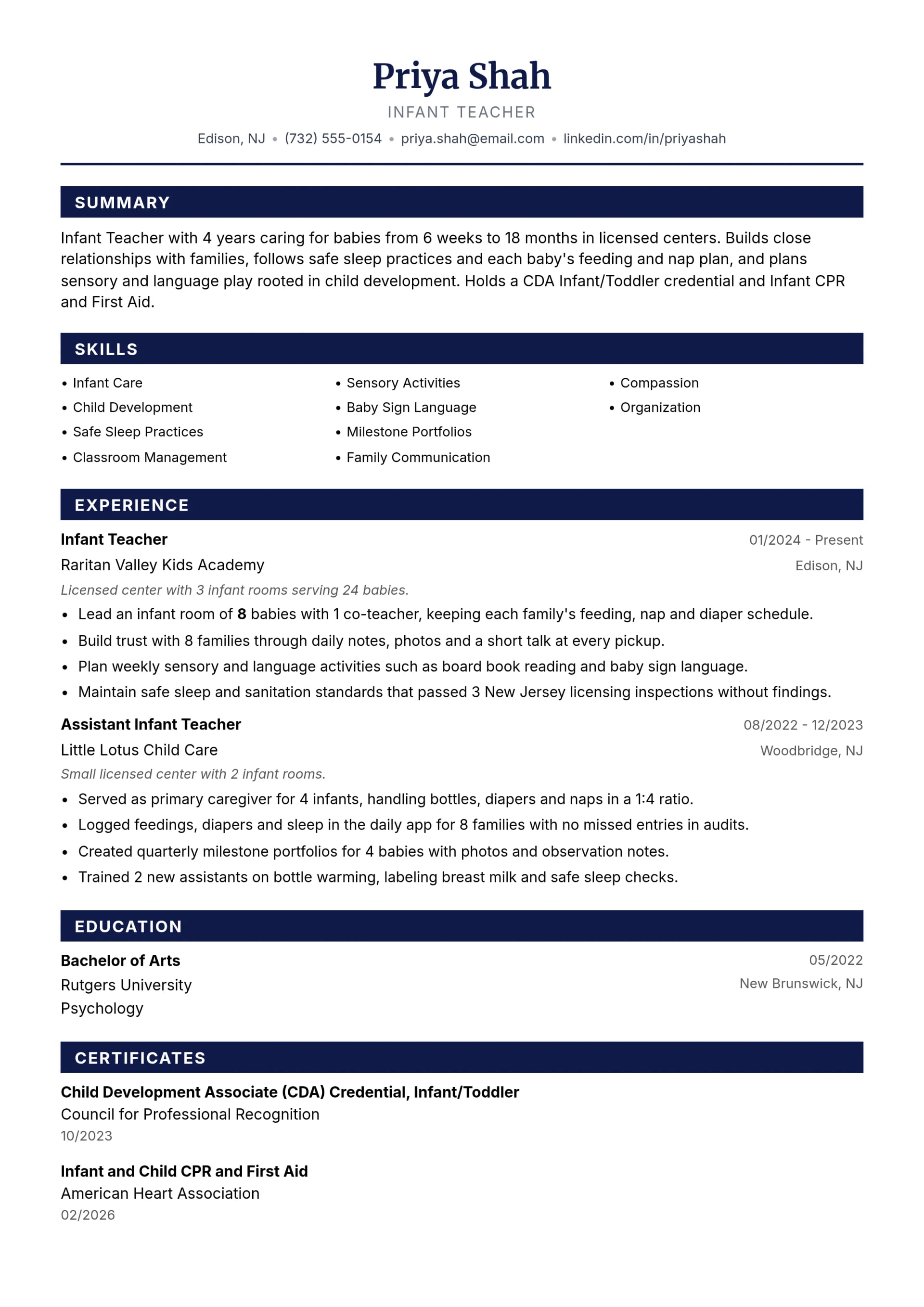 Infant Teacher resume example
