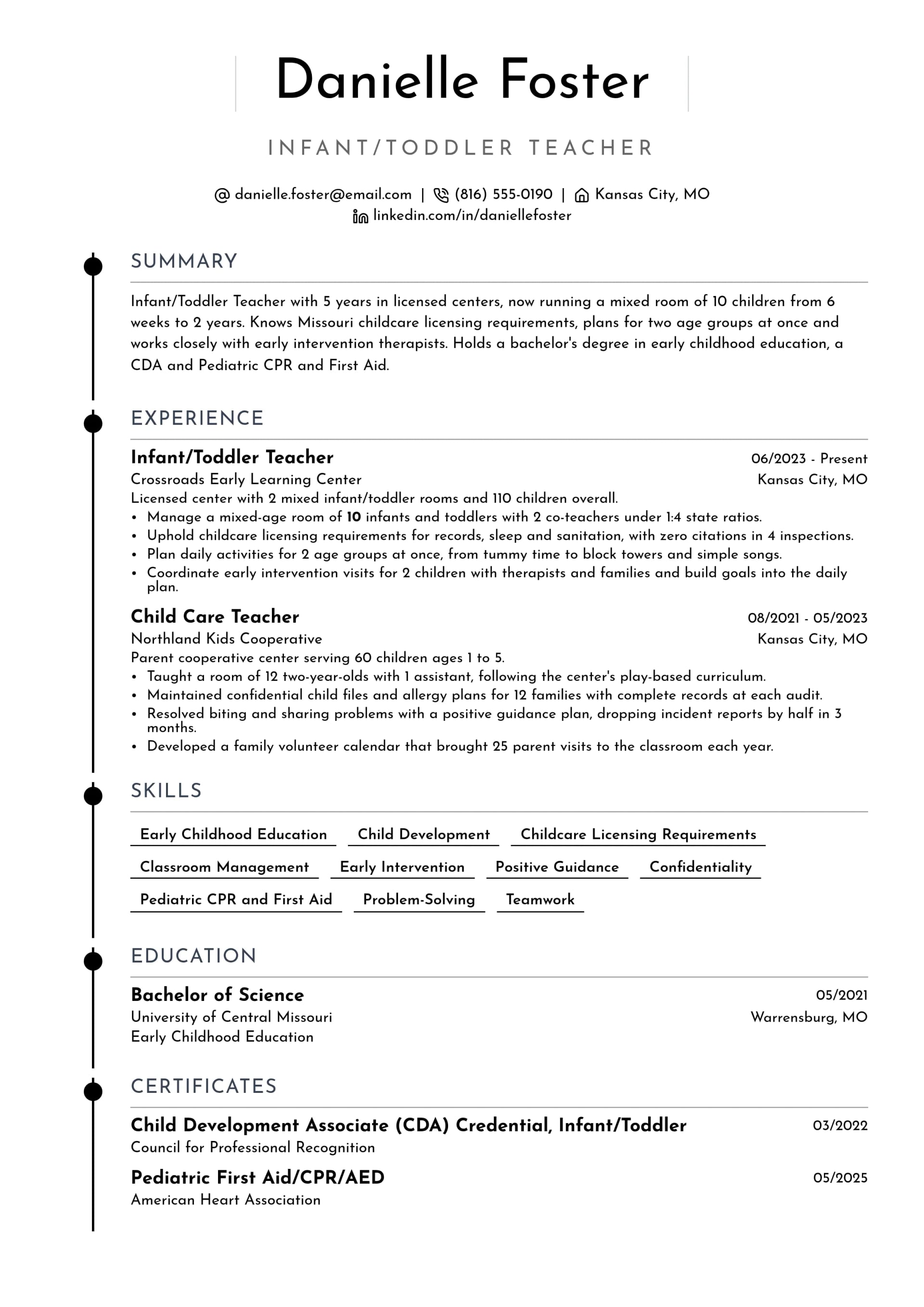 Infant/Toddler Teacher resume example