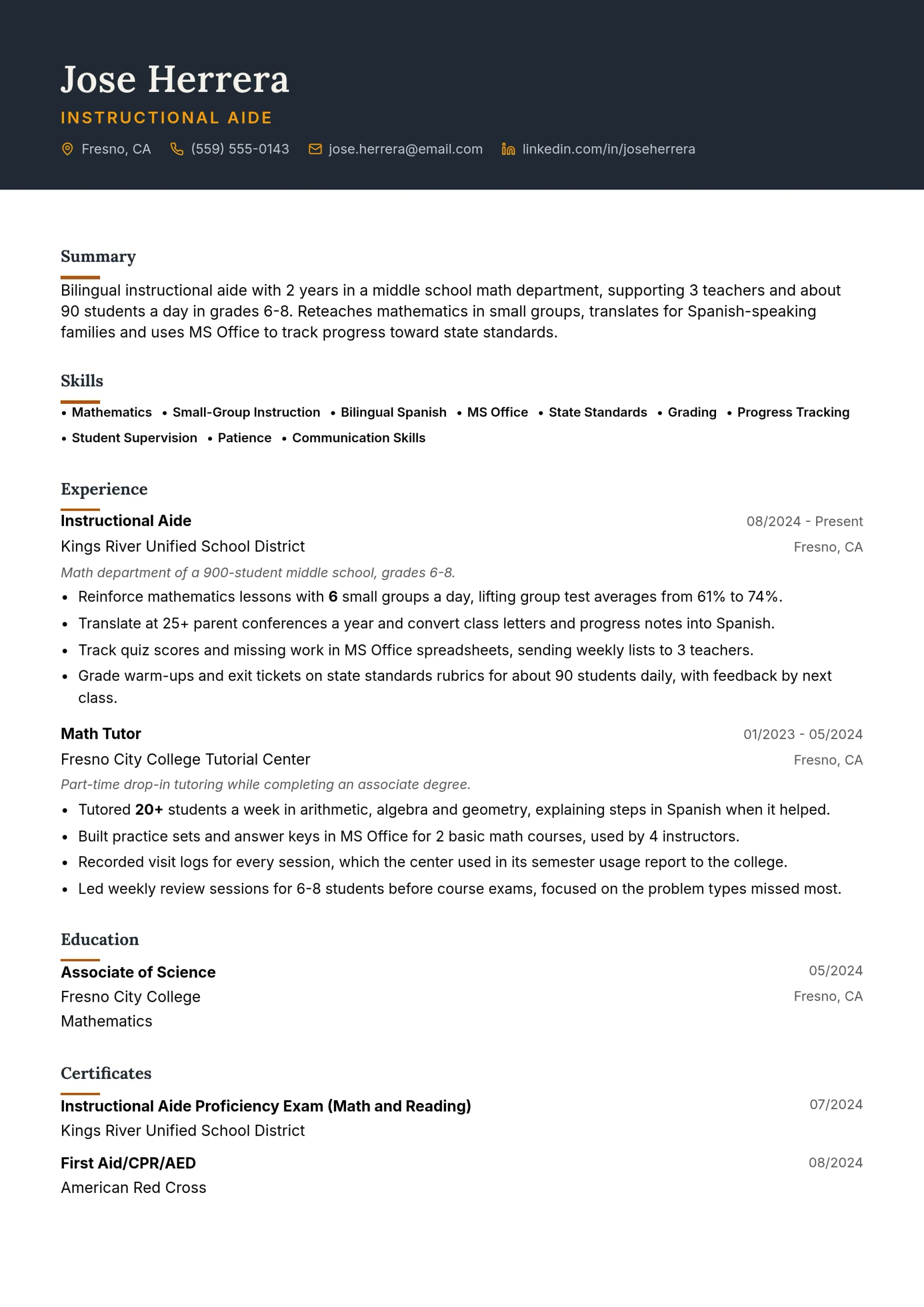 Instructional Aide resume example