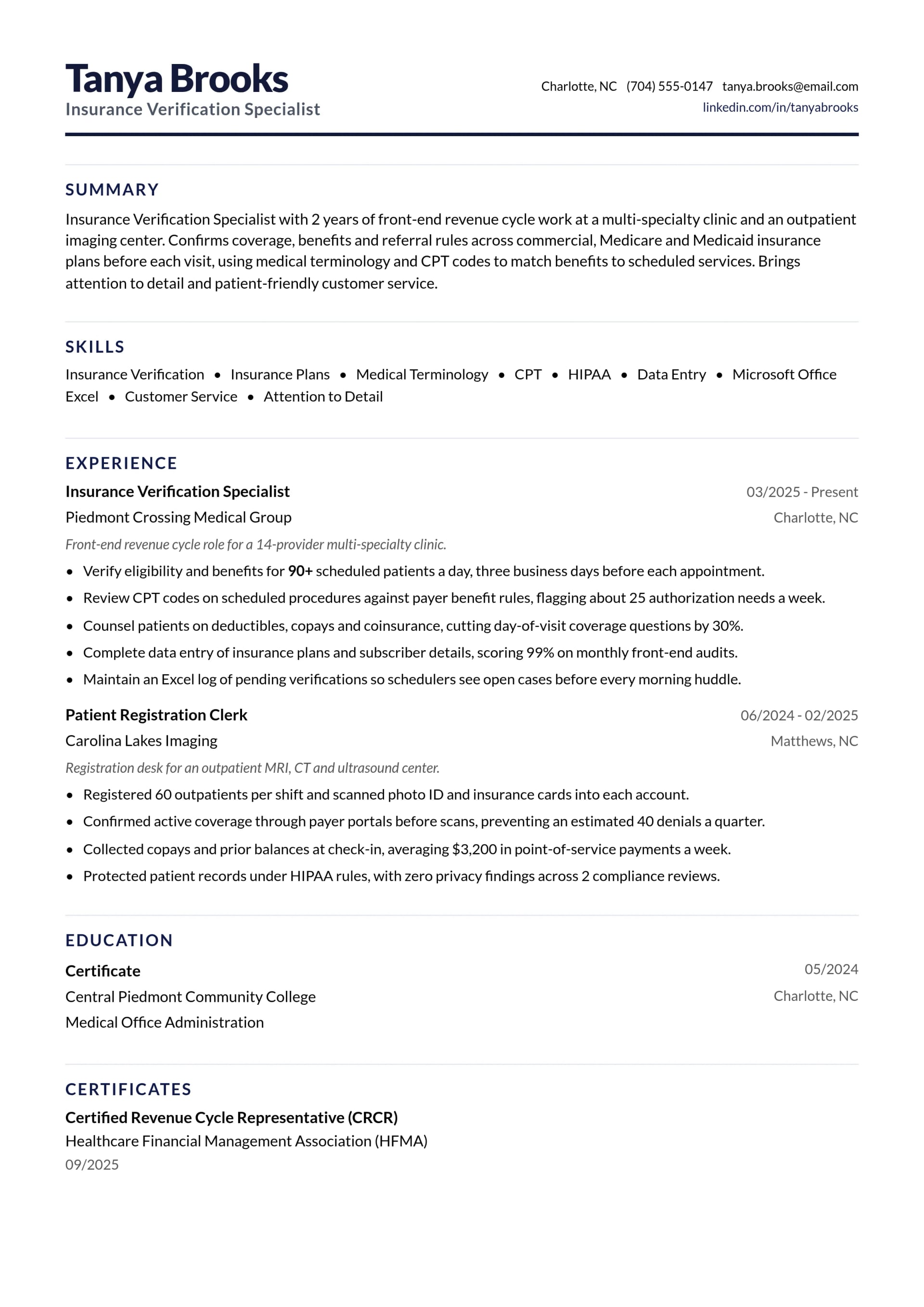 Insurance Verification Specialist resume example