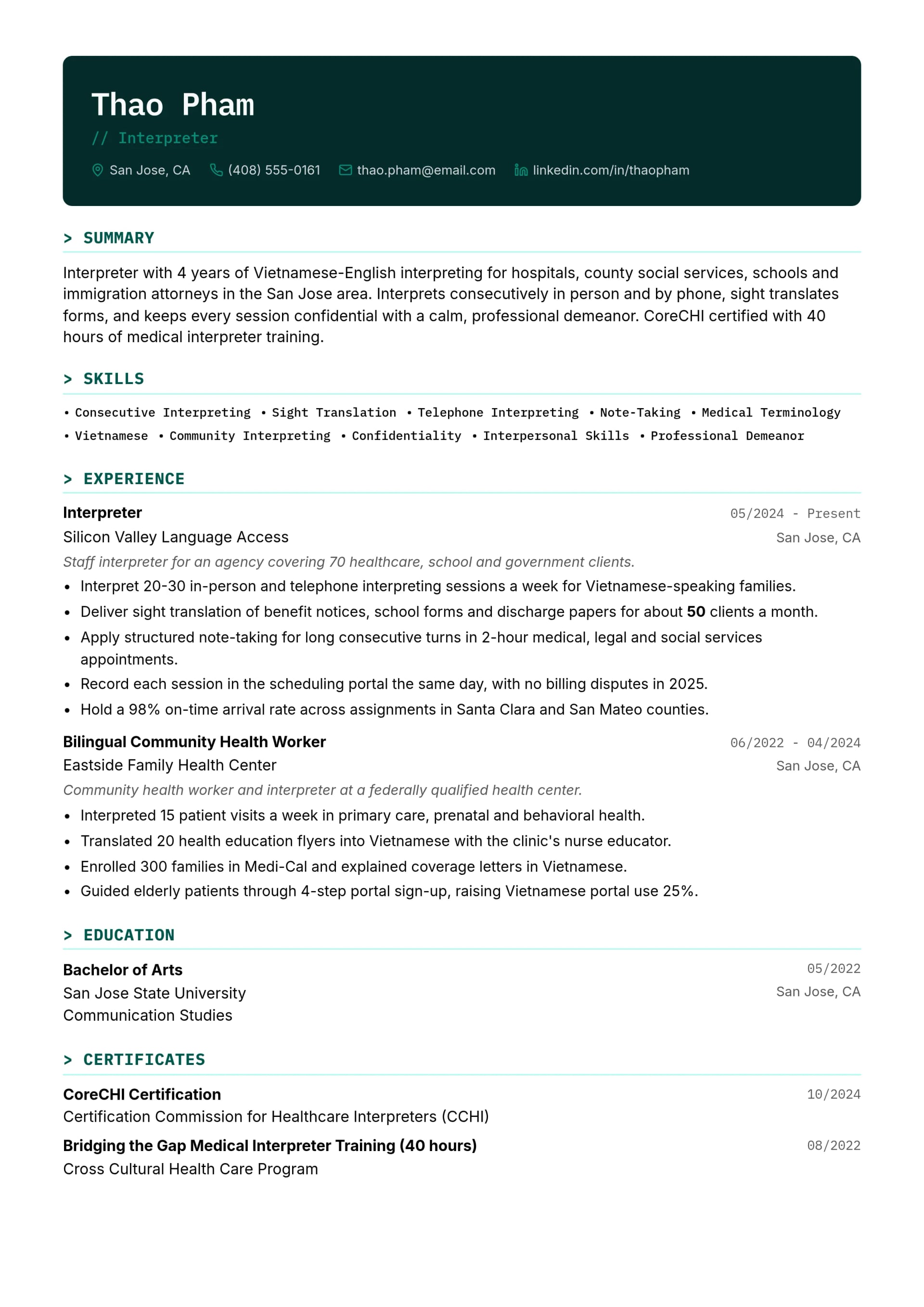 Interpreter resume example
