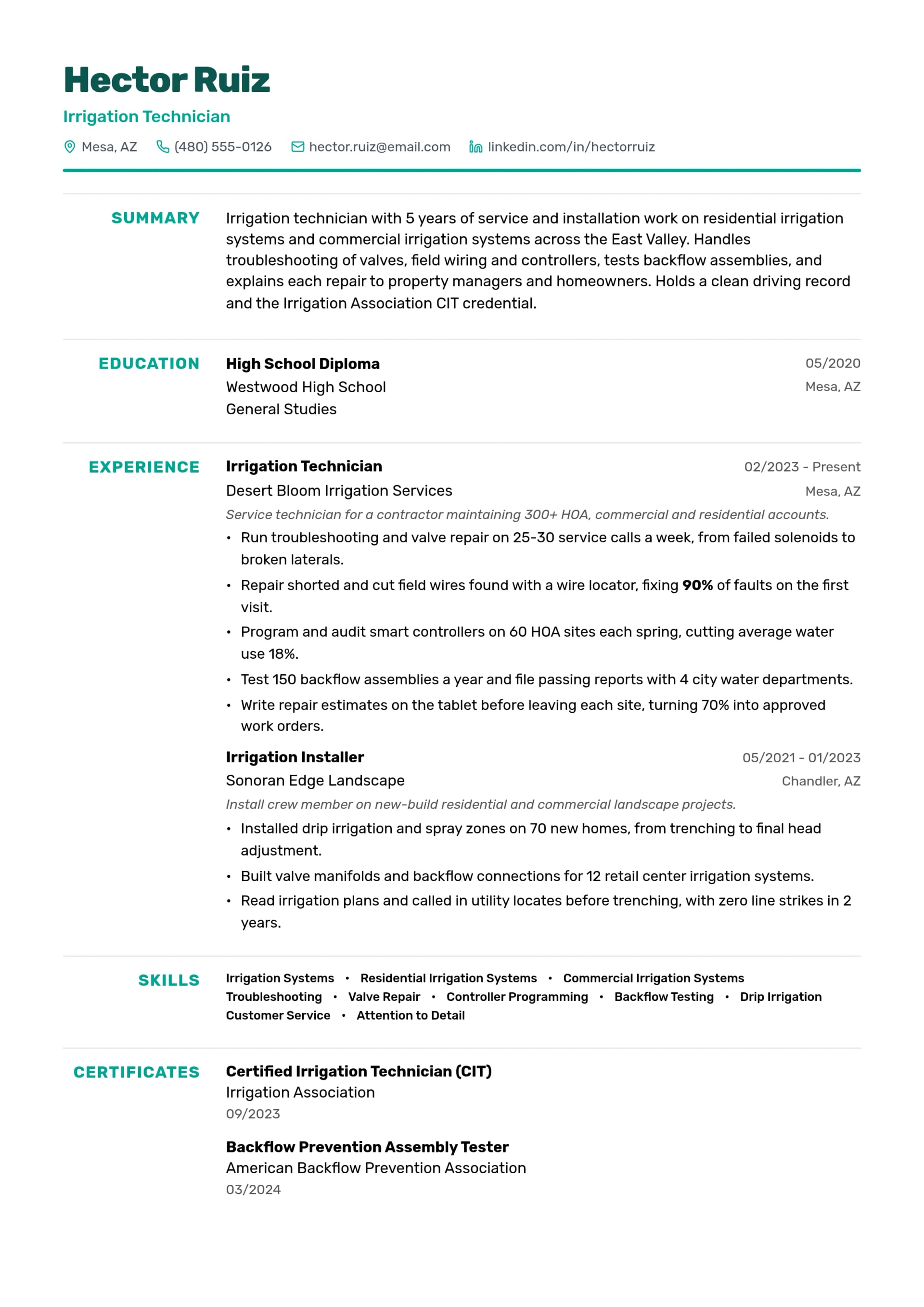 Irrigation Technician resume example