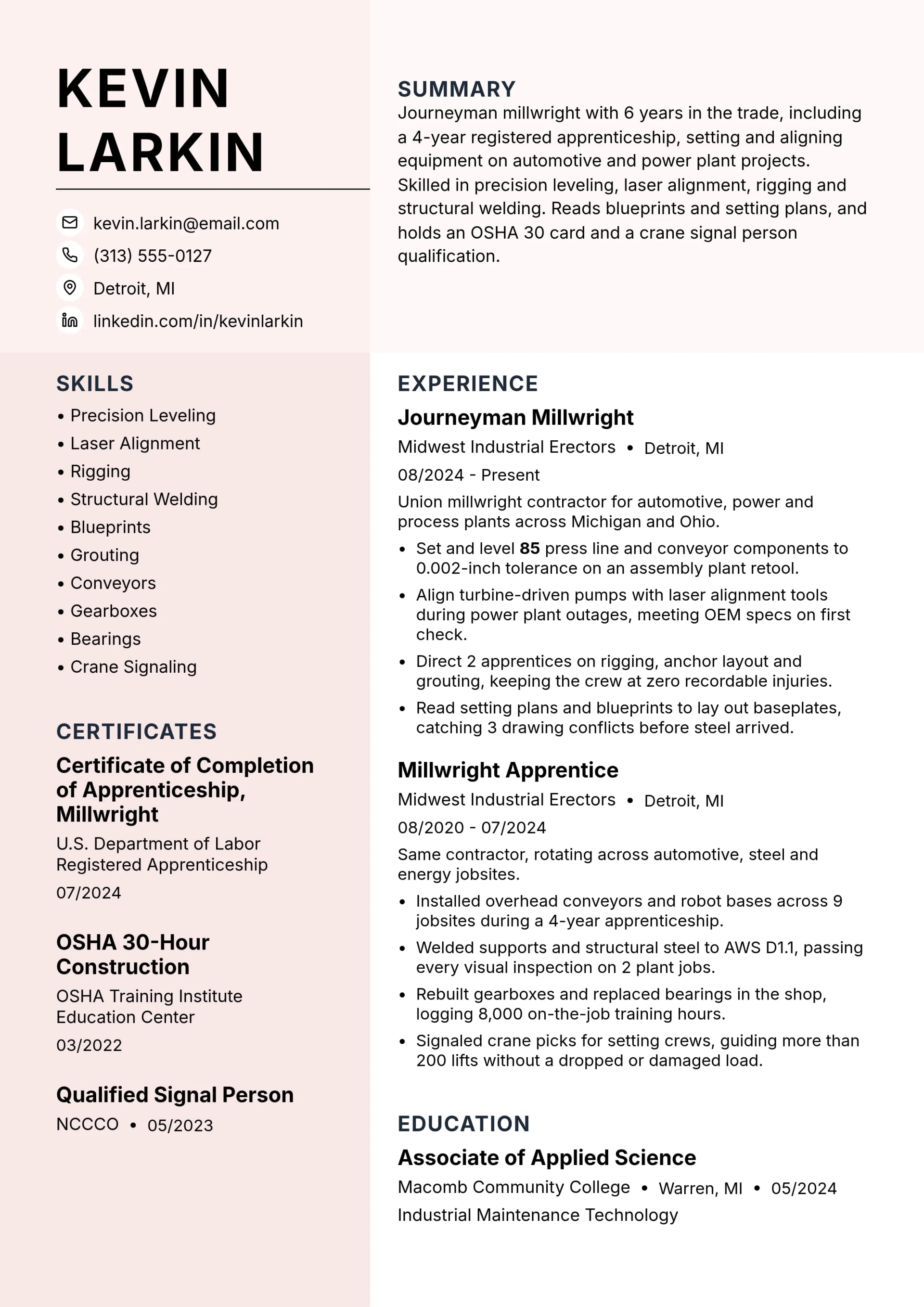 Journeyman Millwright resume example