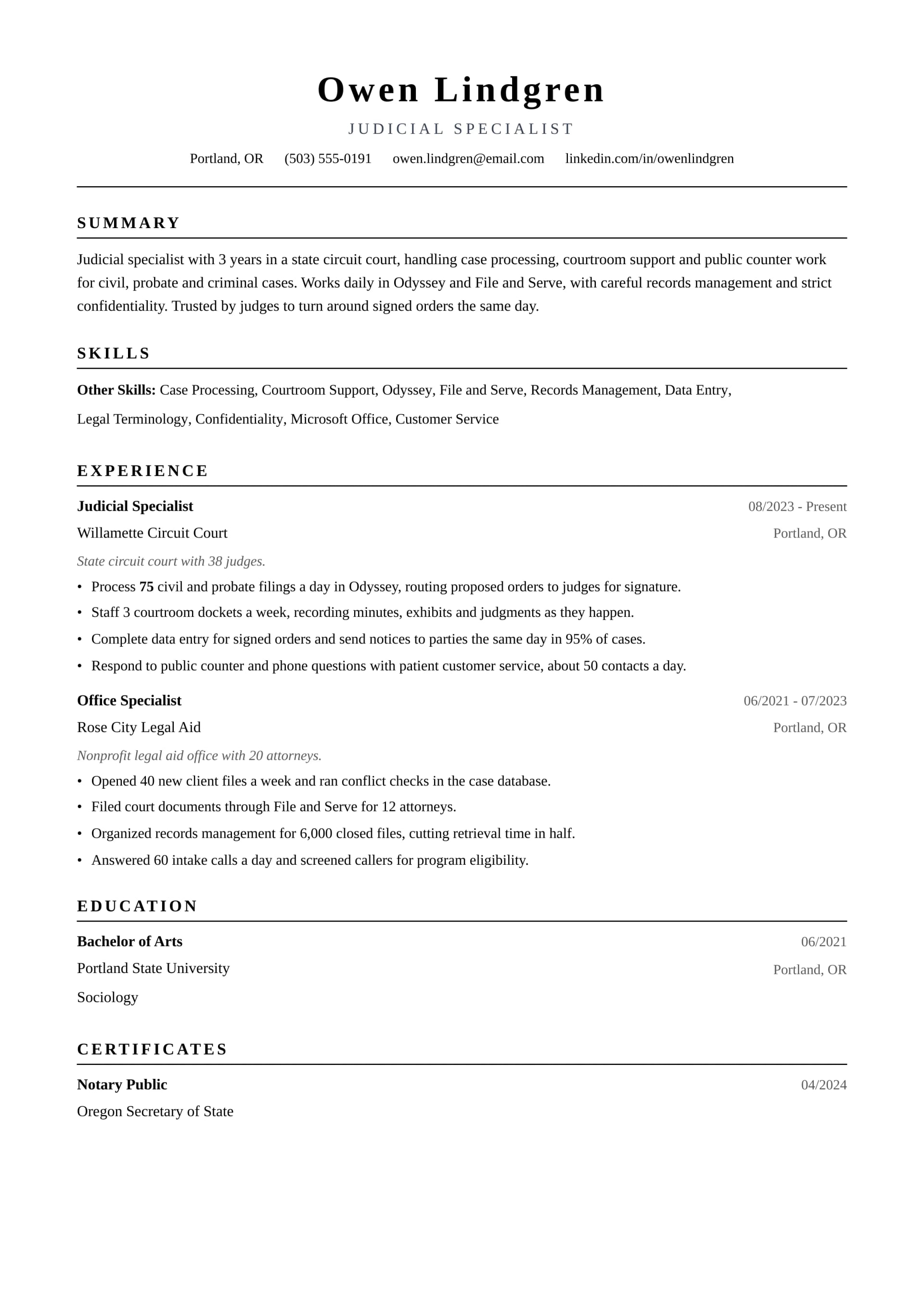 Judicial Specialist resume example