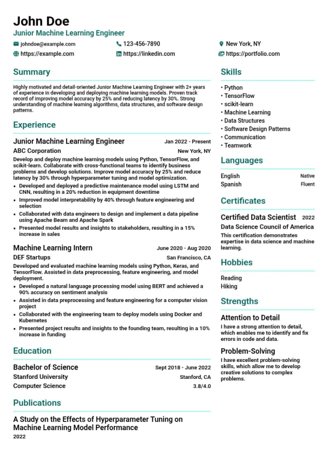 Junior Machine Learning Engineer resume example