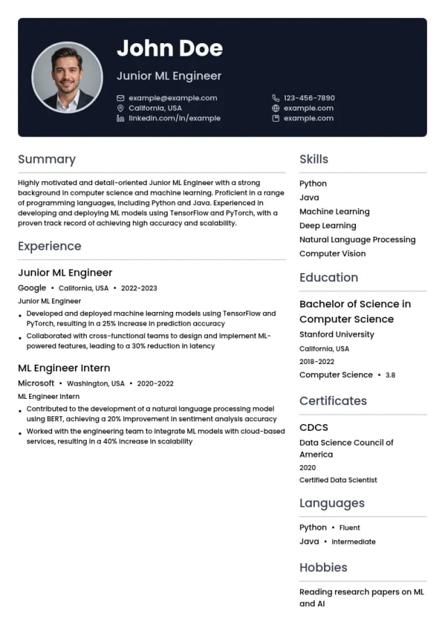 Junior ML Engineer resume example