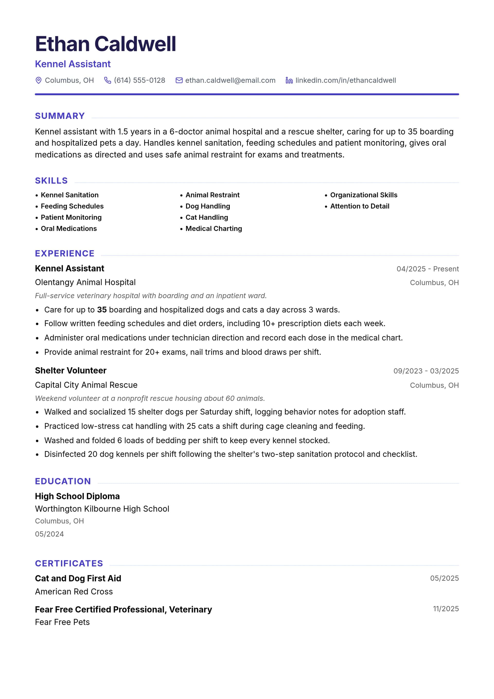 Kennel Assistant resume example