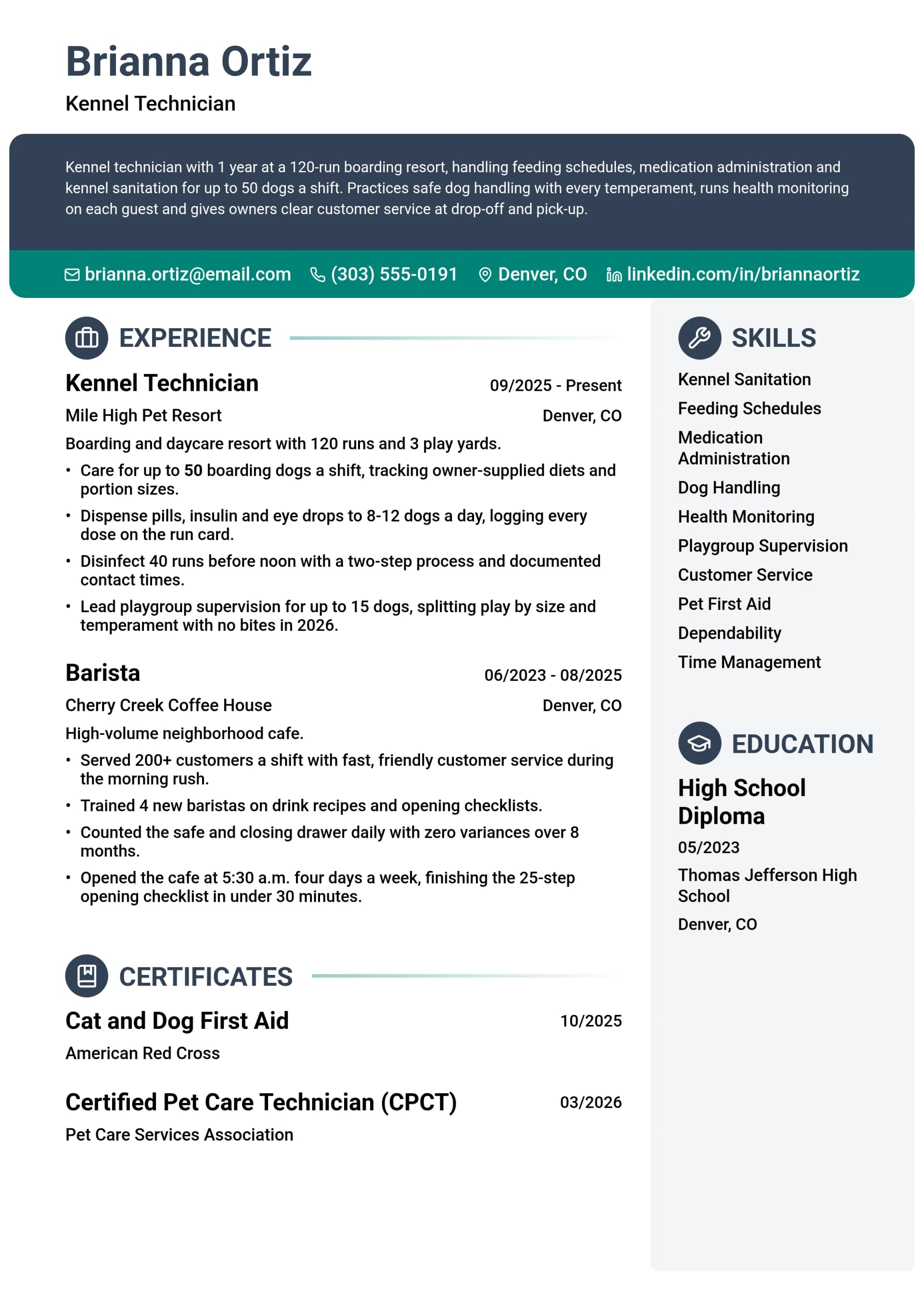 Kennel Technician resume example