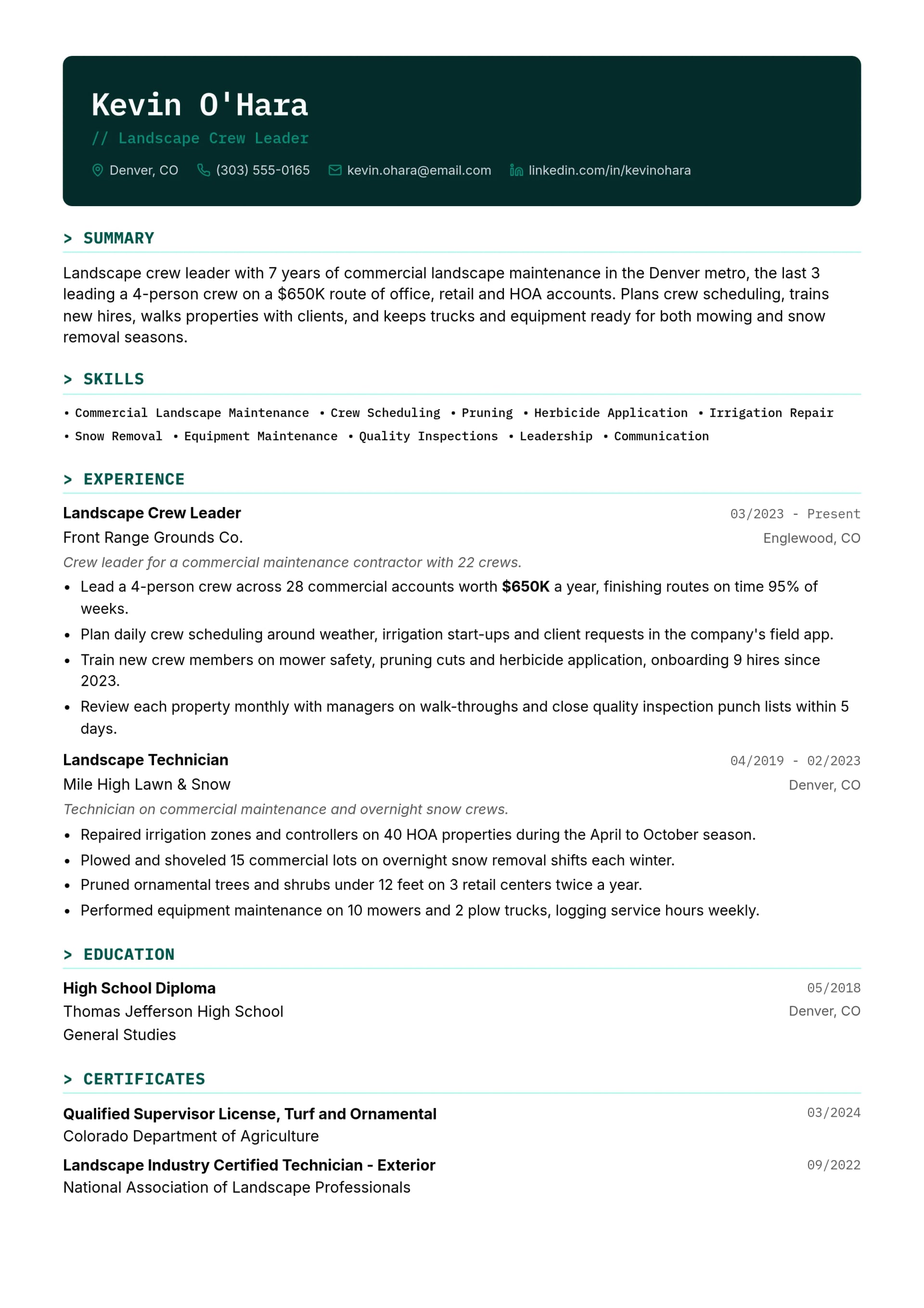 Landscape Crew Leader resume example