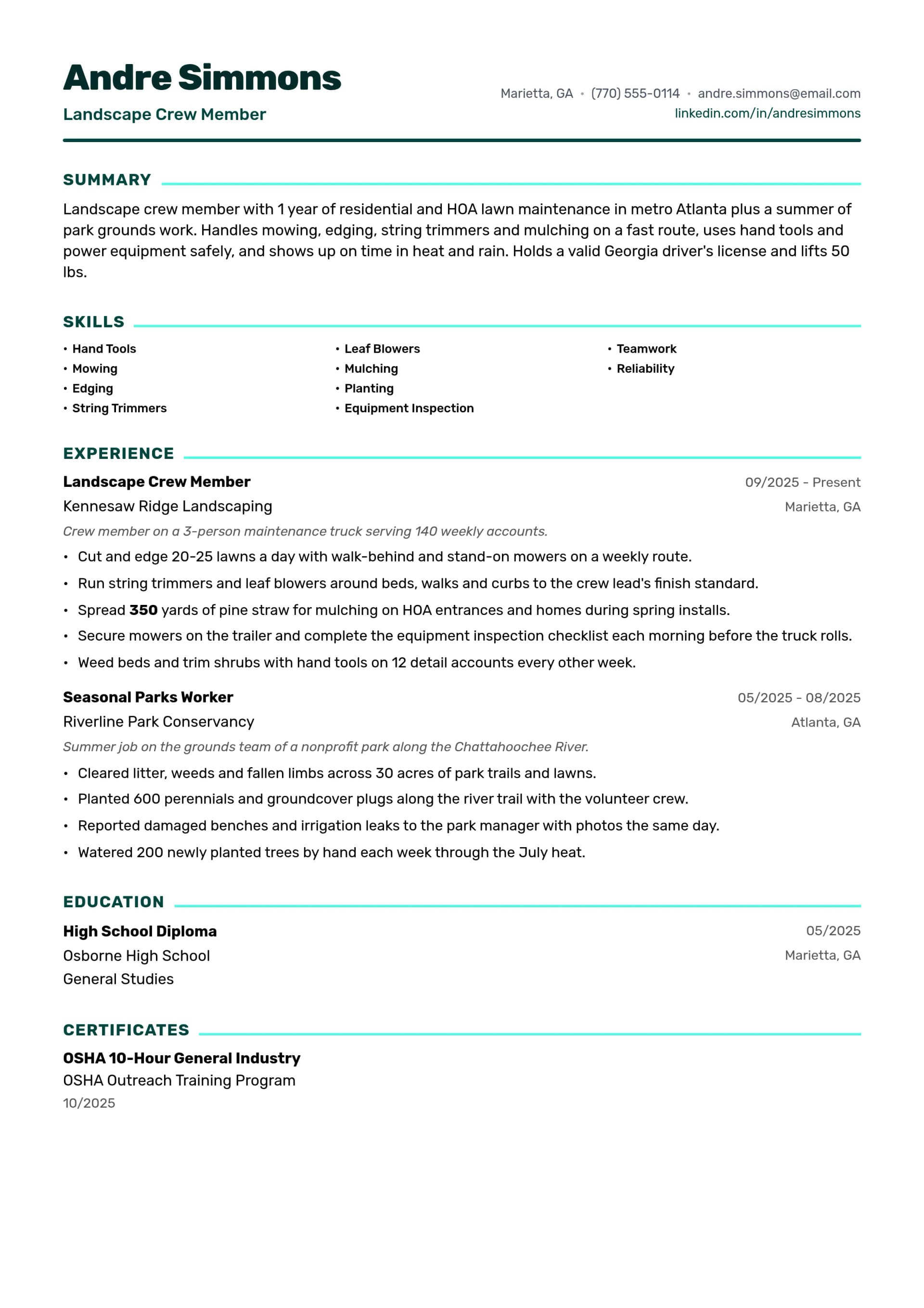 Landscape Crew Member resume example